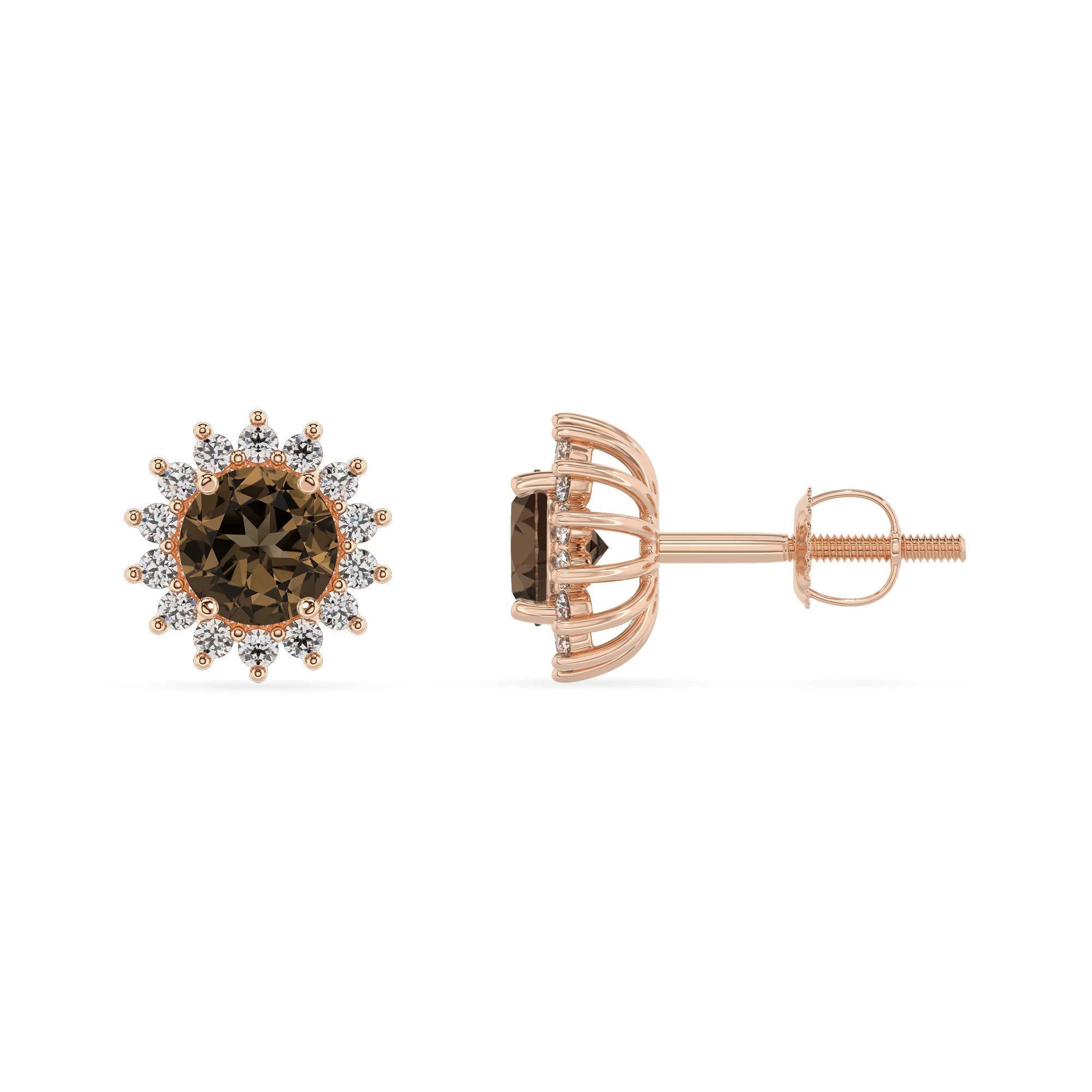 natural smoky quartz round stud earrings in rose gold