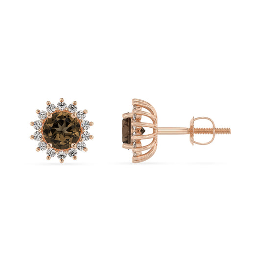 natural smoky quartz round stud earrings in rose gold