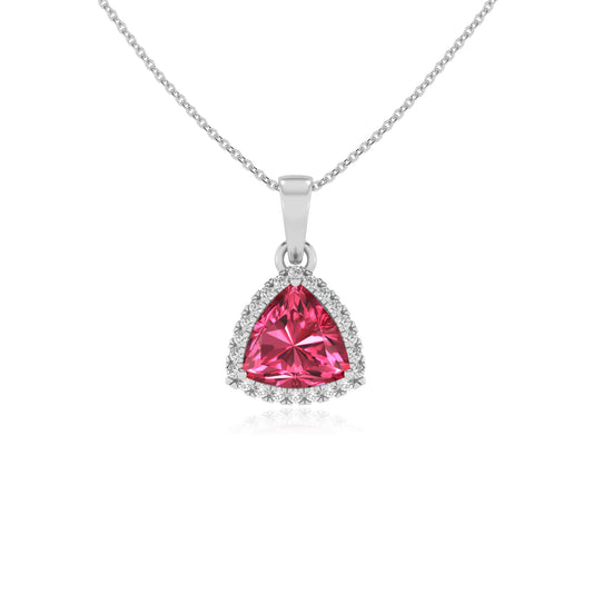 lab grown pink-tourmaline trillion solitaire necklaces in platinum