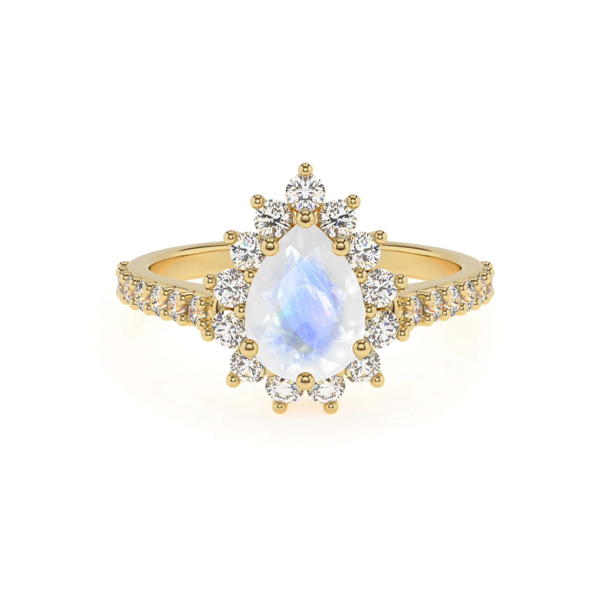 natural rainbow-moonstone pear solitaire rings in yellow gold