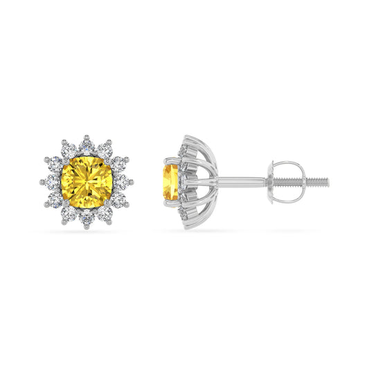 lab grown yellow sapphire cushion stud earrings in sterling silver