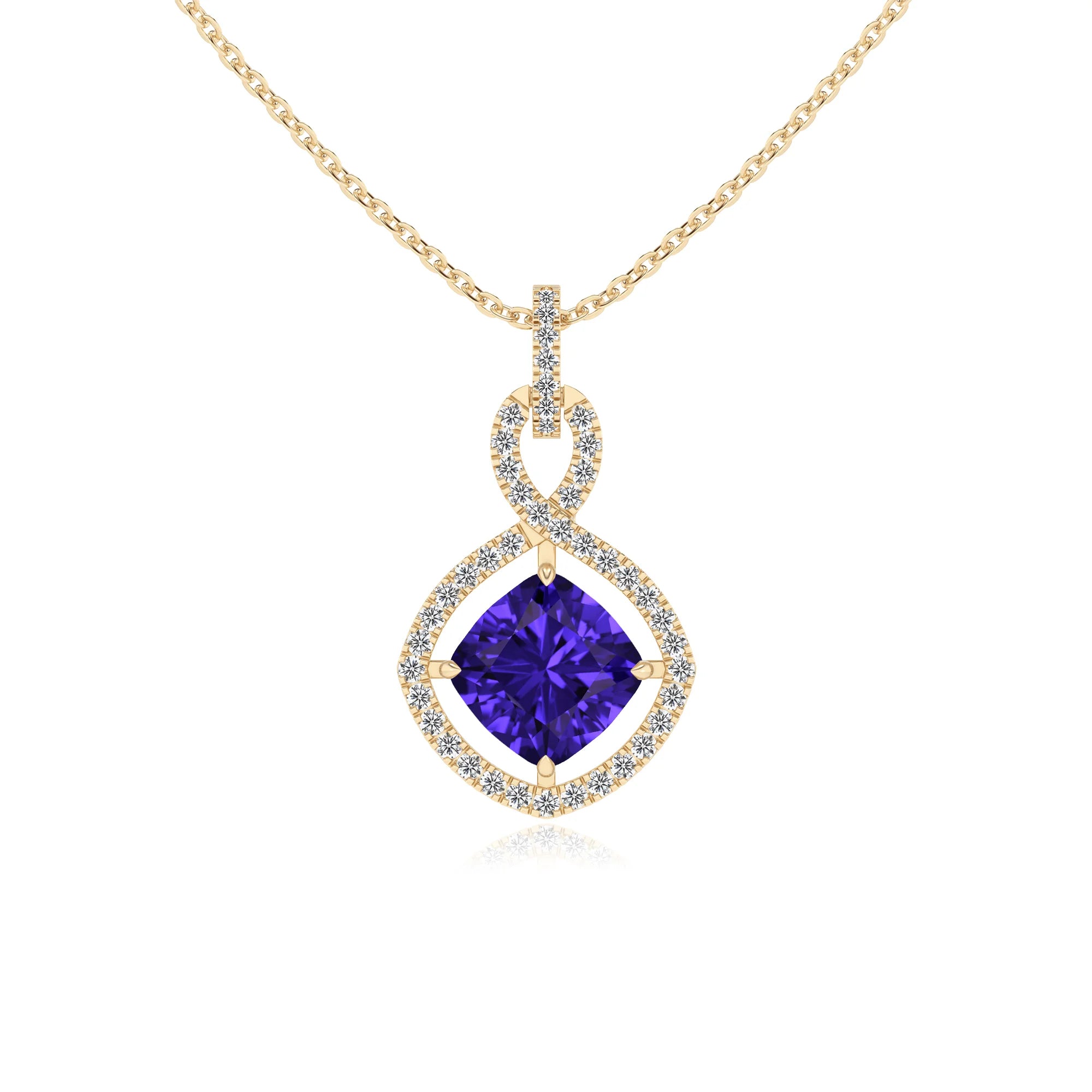 lab grown tanzanite cushion infinity necklaces in yellow gold