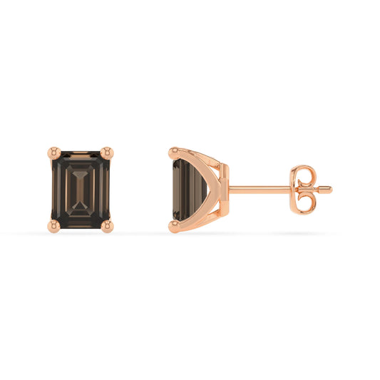 natural smoky quartz emerald cut stud earrings in rose gold