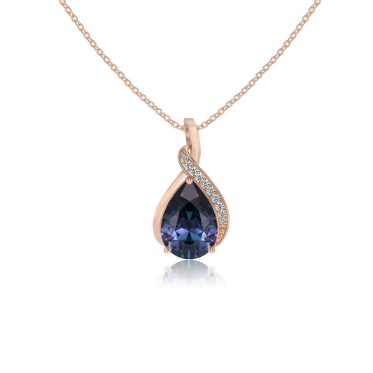lab grown alexandrite pear solitaire necklaces in rose gold