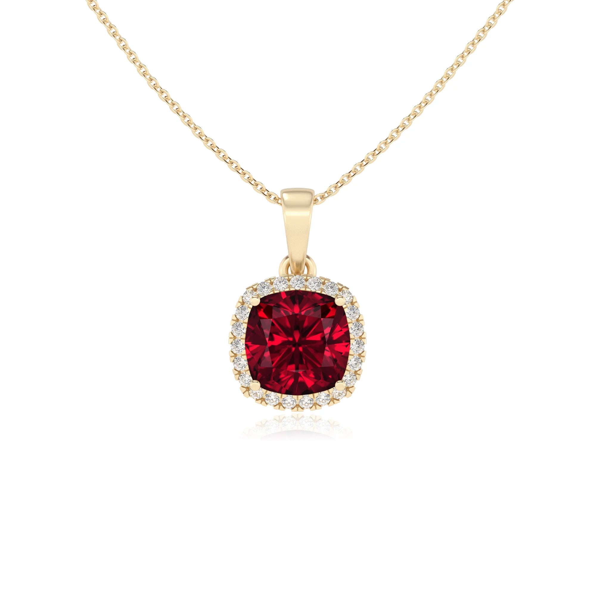 lab grown ruby cushion solitaire necklaces in yellow gold