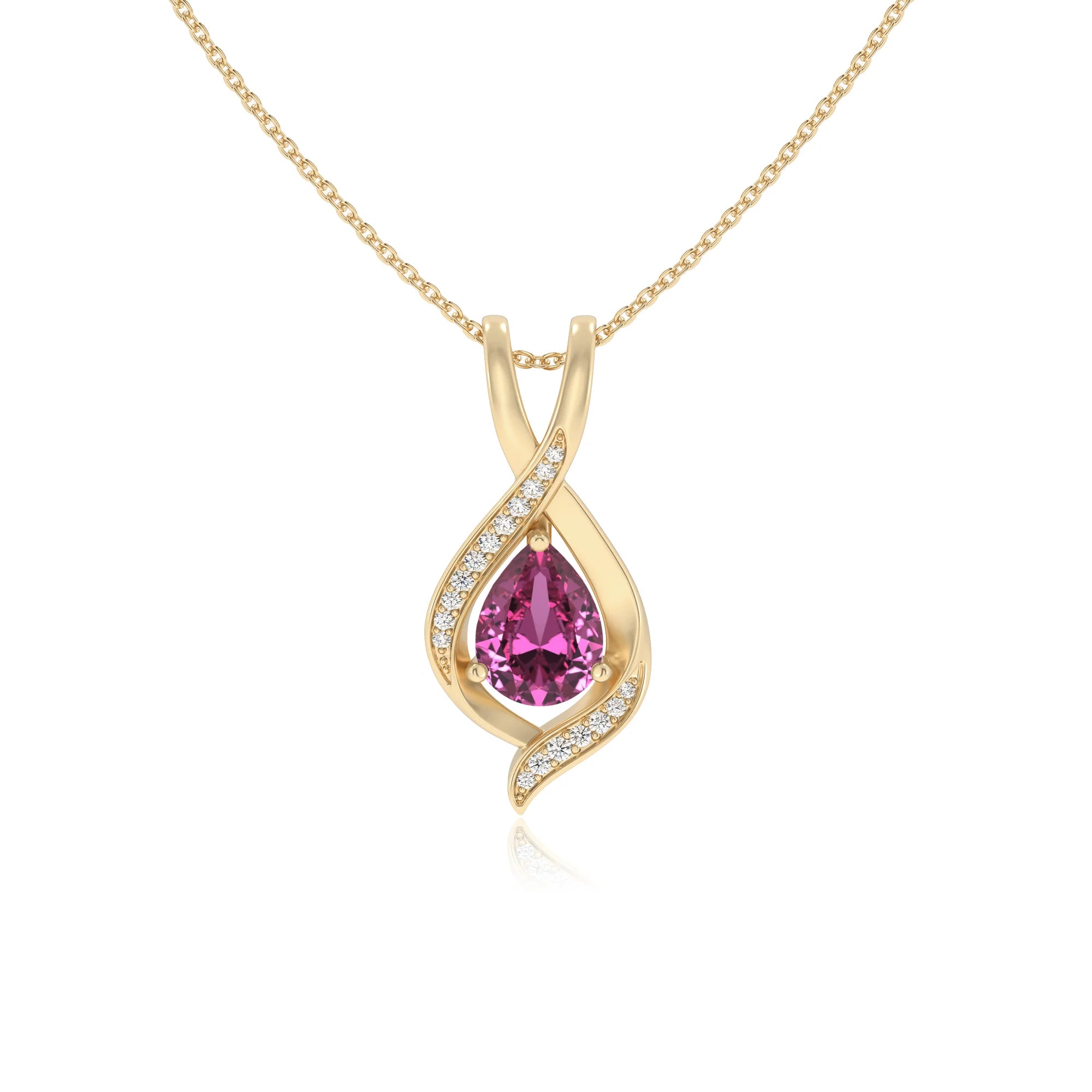lab grown pink-sapphire pear solitaire necklaces in yellow gold