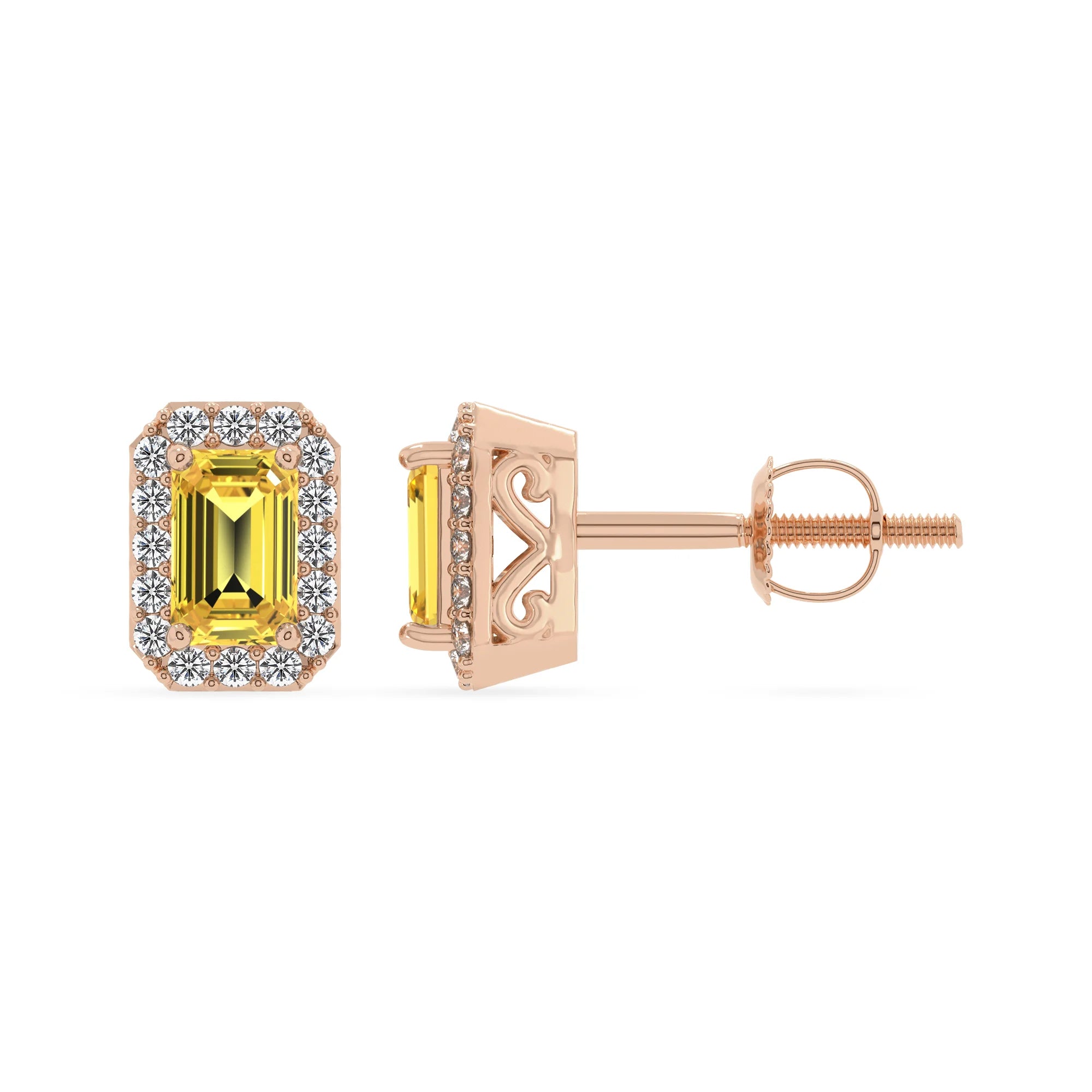 lab grown yellow sapphire emerald cut stud earrings in rose gold