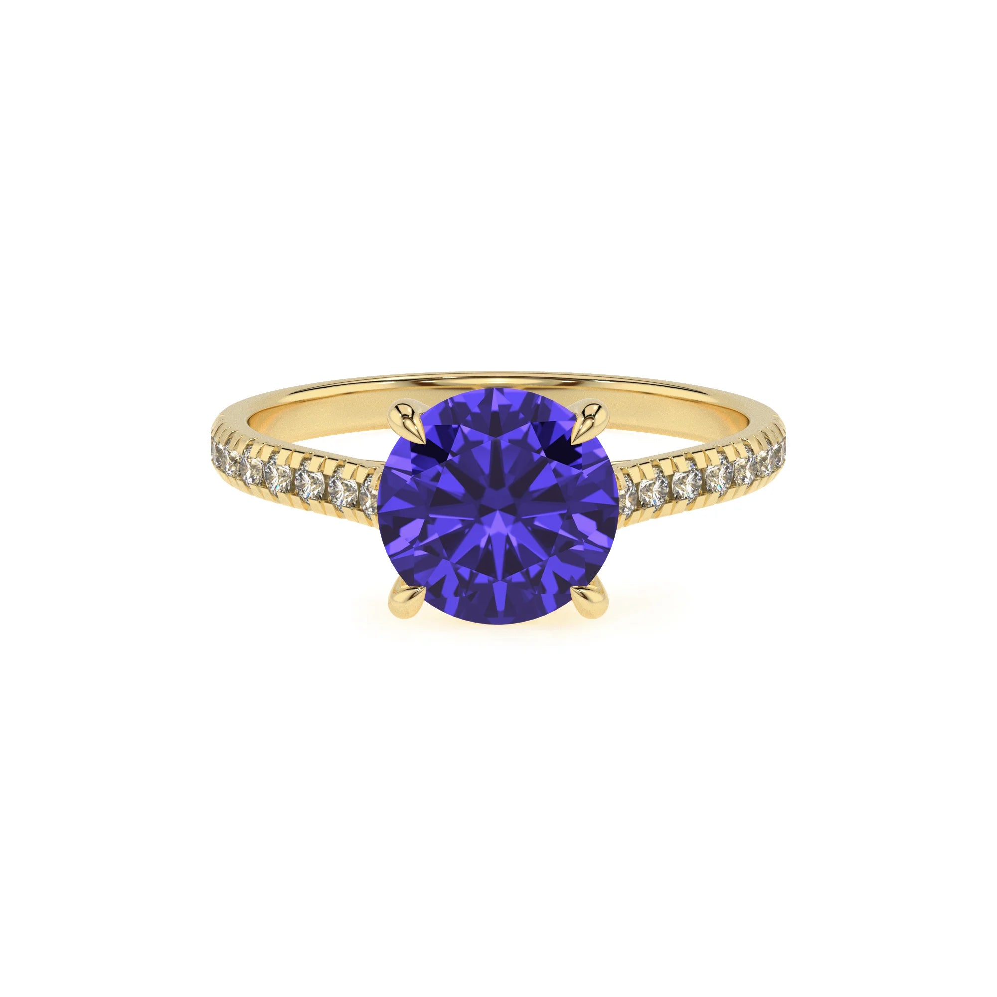 lab grown tanzanite round half eternity solitaire engagement rings in yellow gold