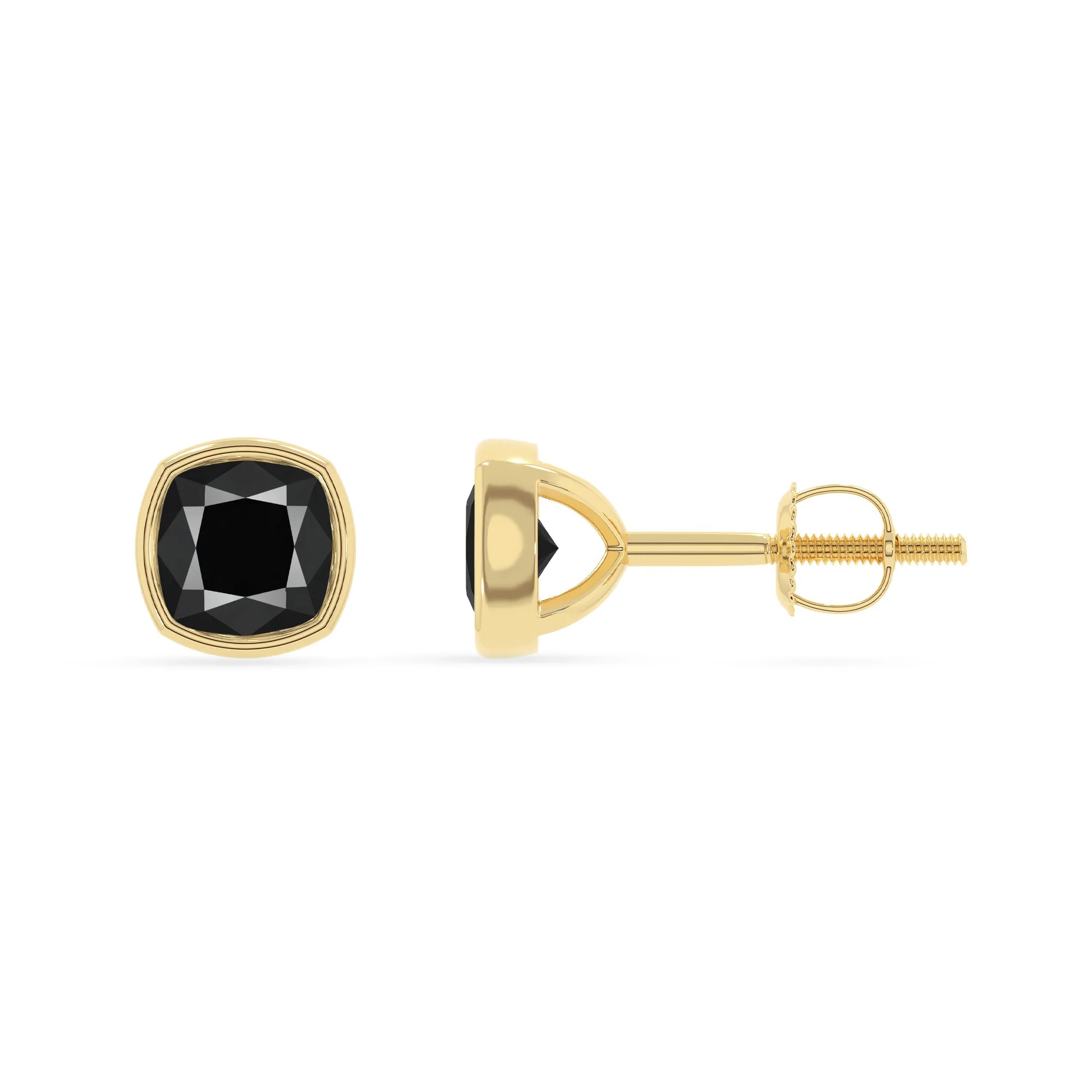 natural black onyx cushion stud earrings in yellow gold