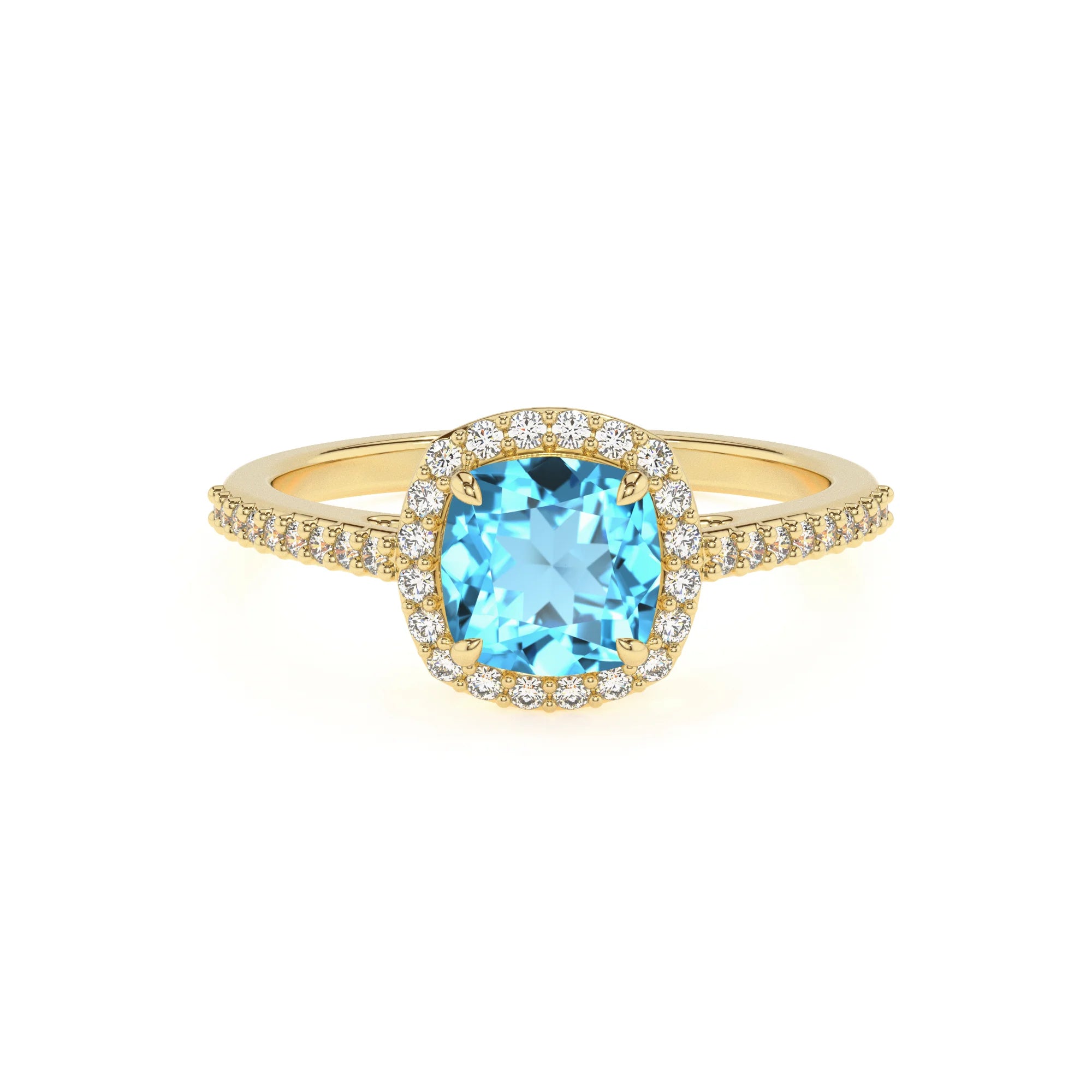 natural swiss-blue-topaz cushion solitaire rings in yellow gold