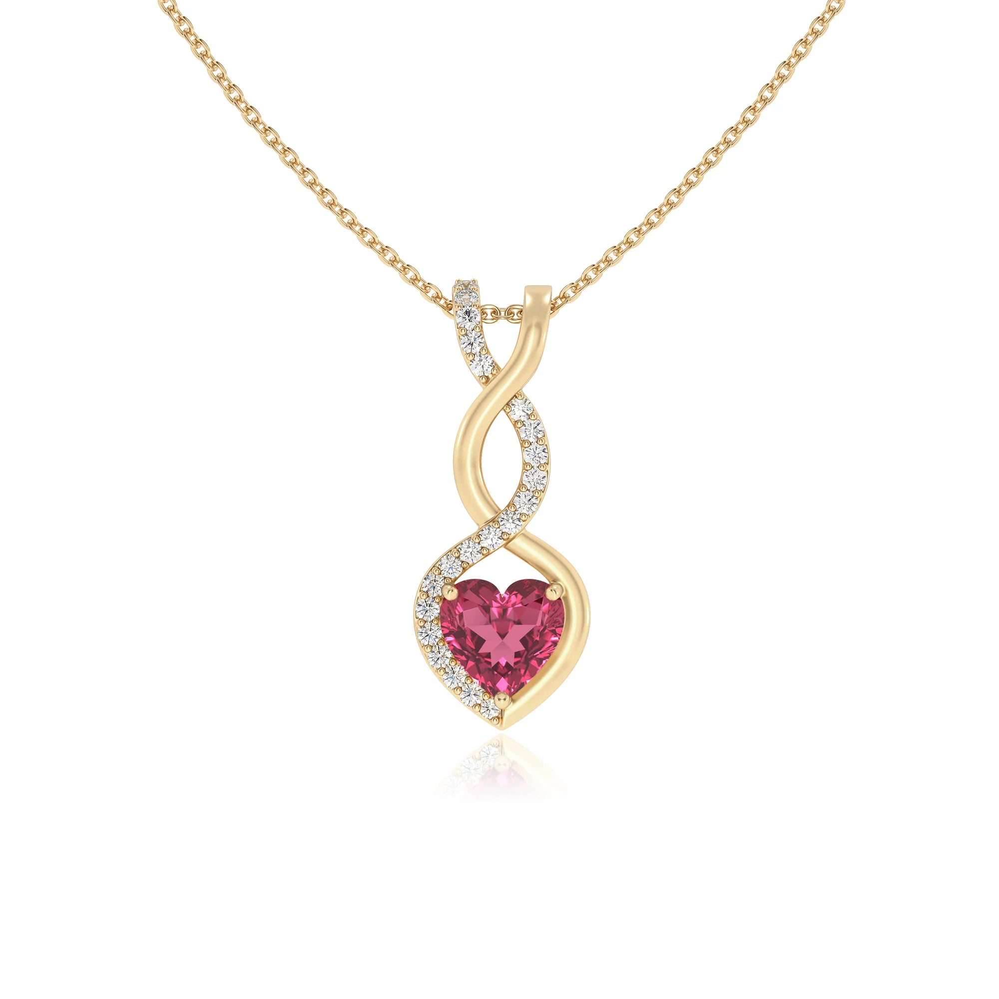 lab grown pink-tourmaline heart infinity necklaces in yellow gold