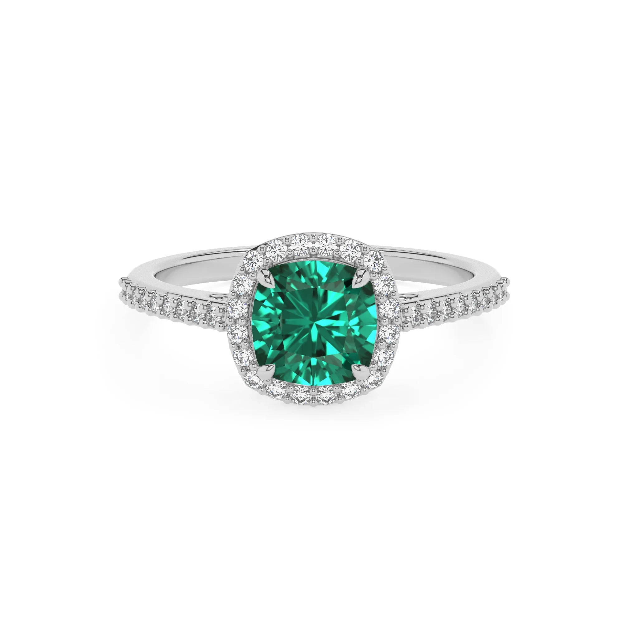 lab grown emerald cushion solitaire rings in sterling silver