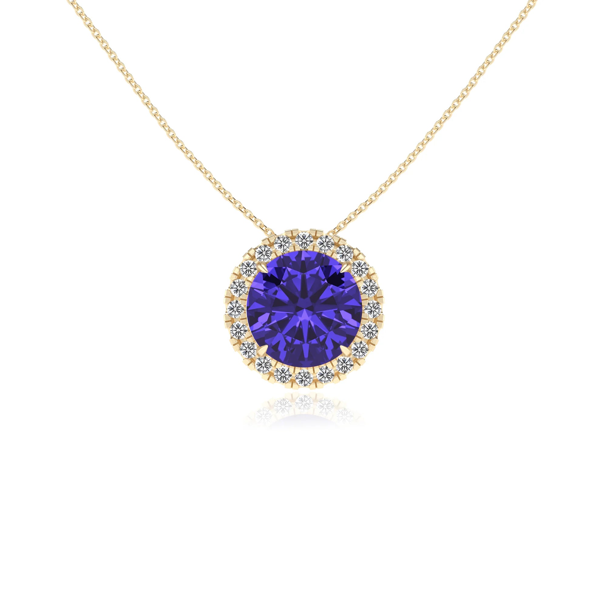 lab grown tanzanite round solitaire necklaces in yellow gold