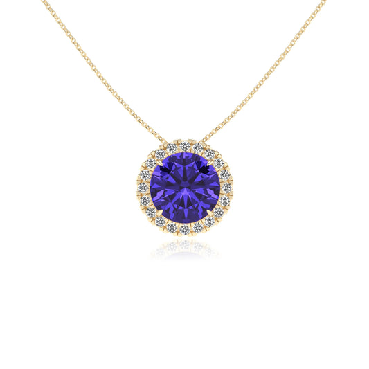 lab grown tanzanite round solitaire necklaces in yellow gold
