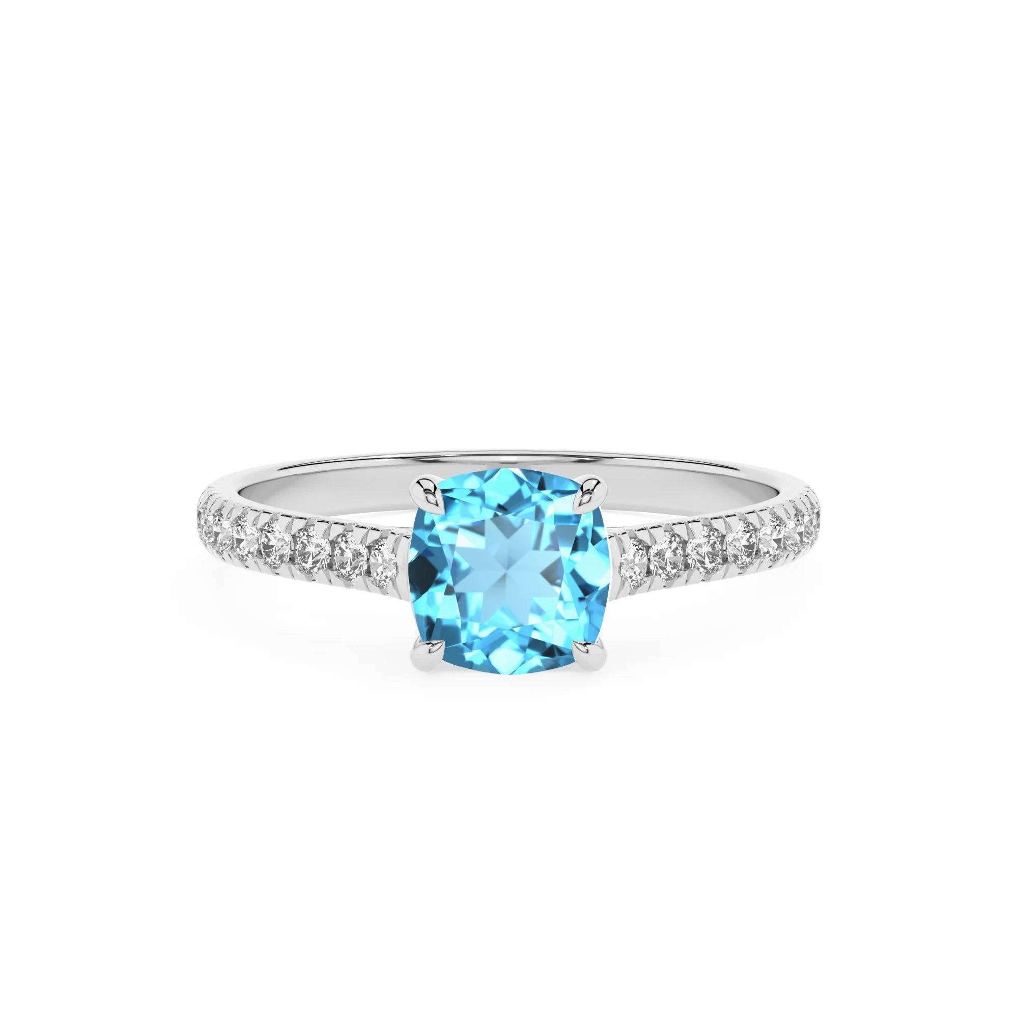 natural swiss-blue-topaz cushion half eternity solitaire engagement rings in white gold
