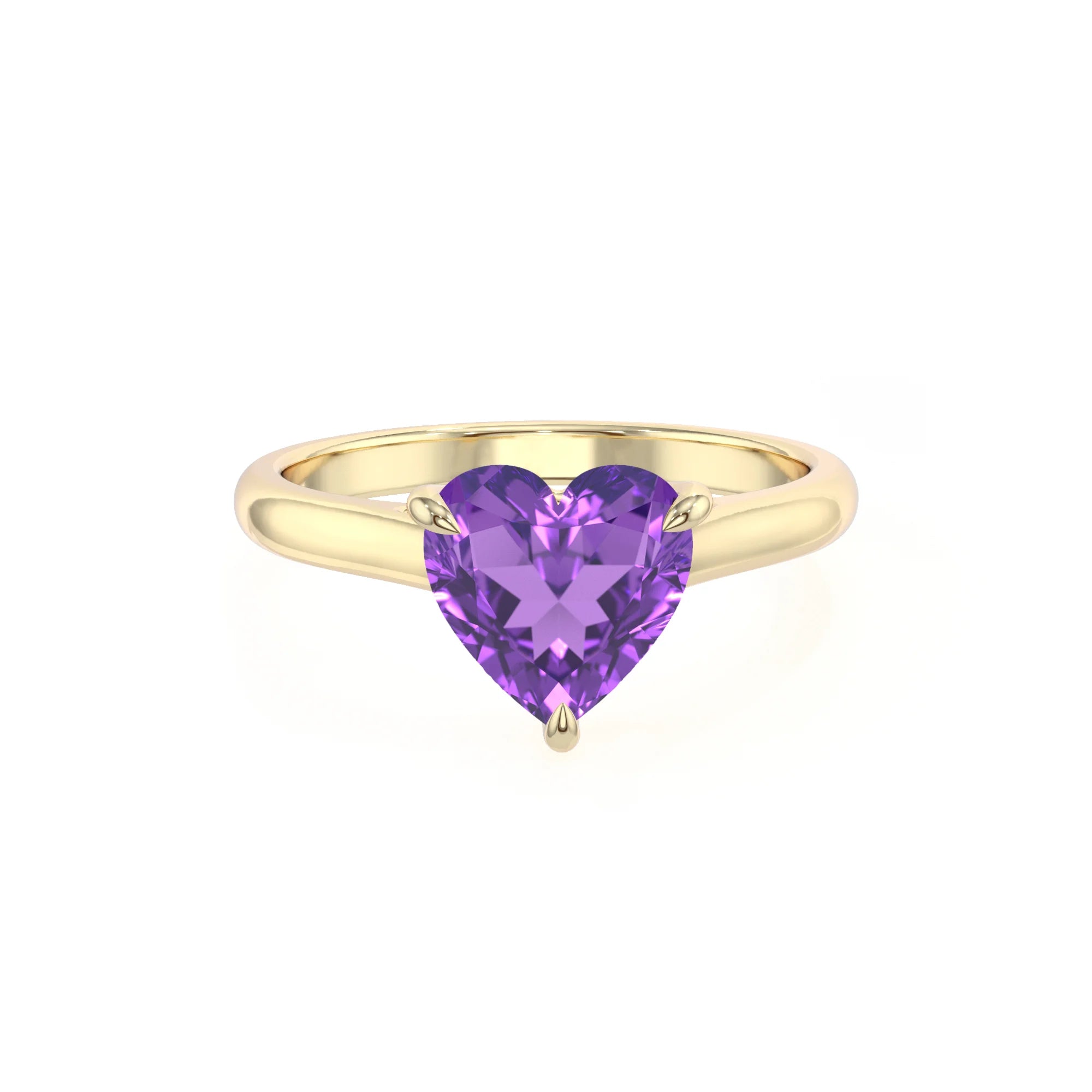 lab grown amethyst heart solitaire rings in yellow gold