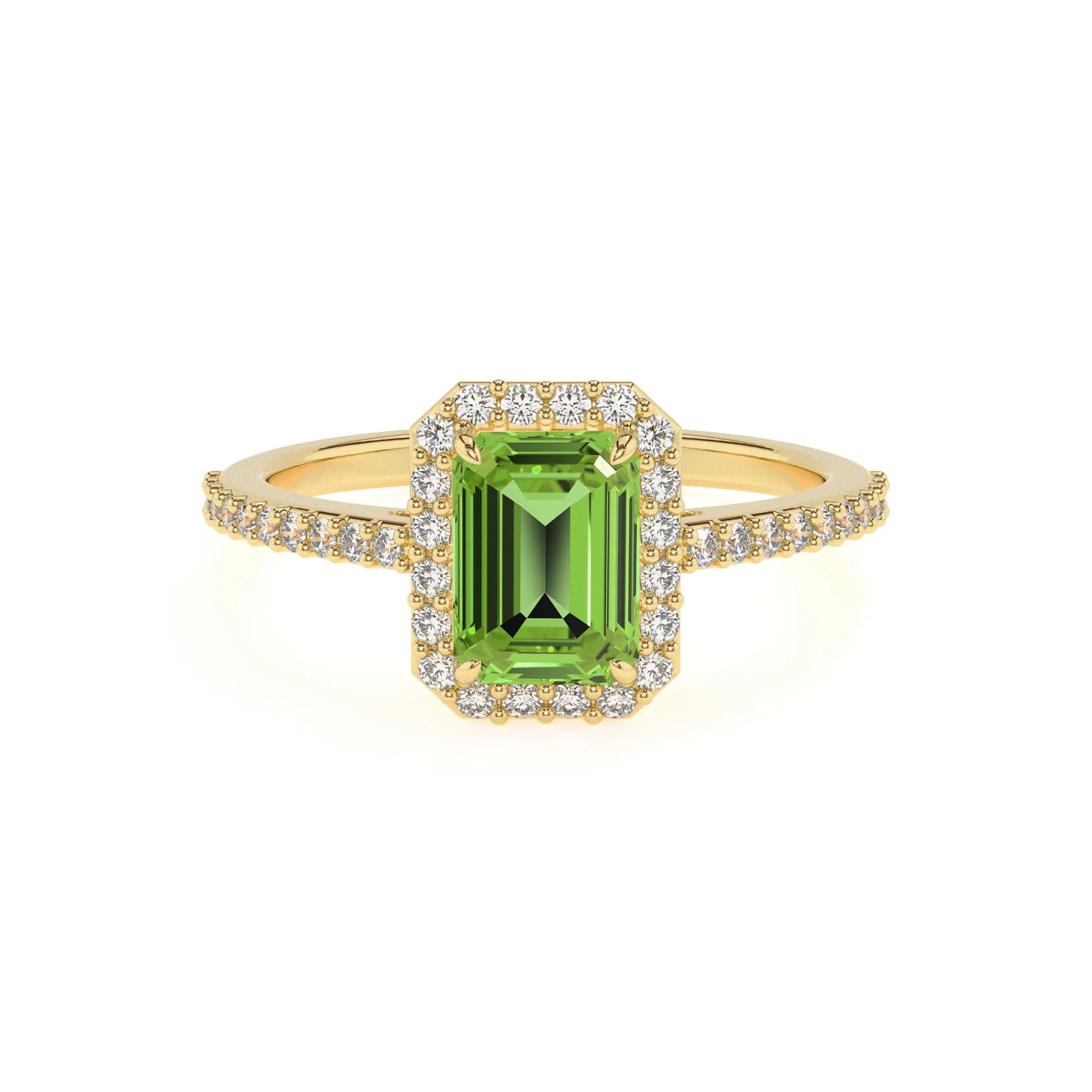 natural peridot emerald cut solitaire rings in yellow gold