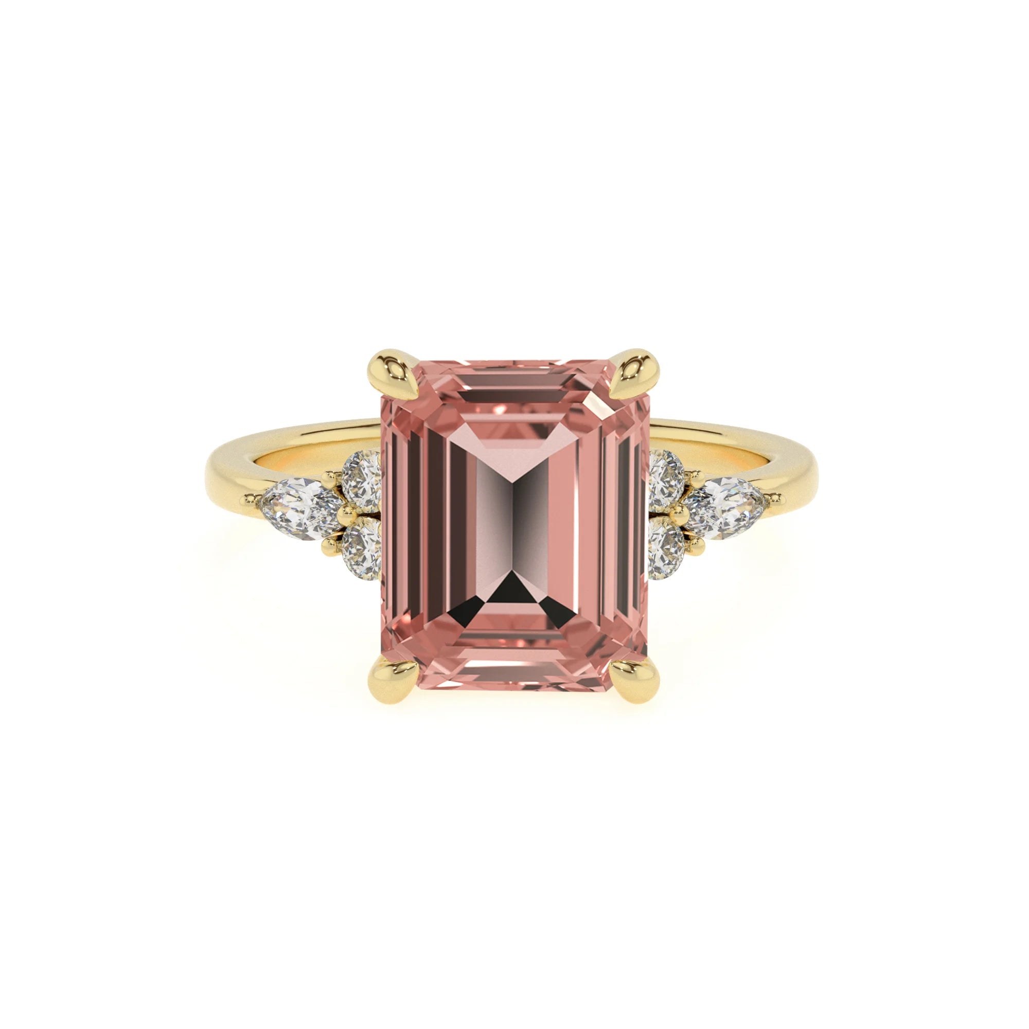 lab grown morganite emerald cut solitaire rings in yellow gold