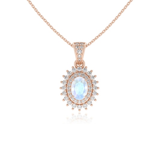 natural rainbow-moonstone oval halo necklaces in rose gold