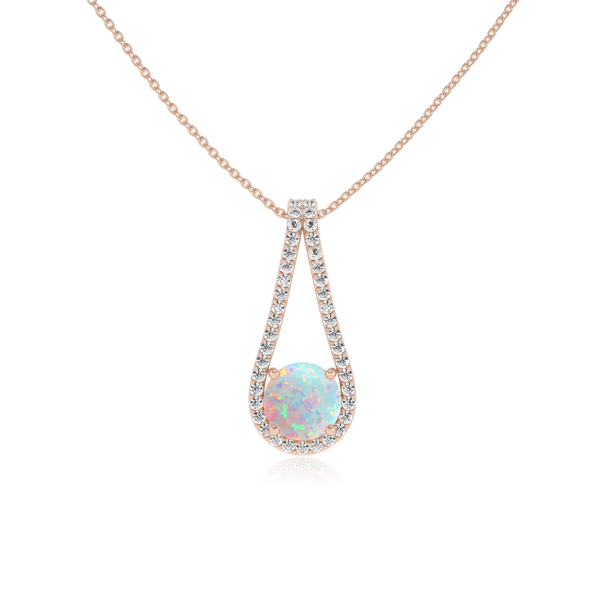 lab grown opal round solitaire v-bale necklaces in rose gold