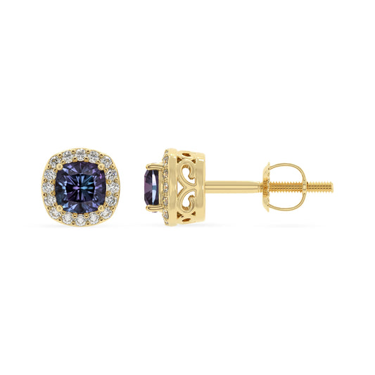 lab grown alexandrite cushion stud earrings in yellow gold