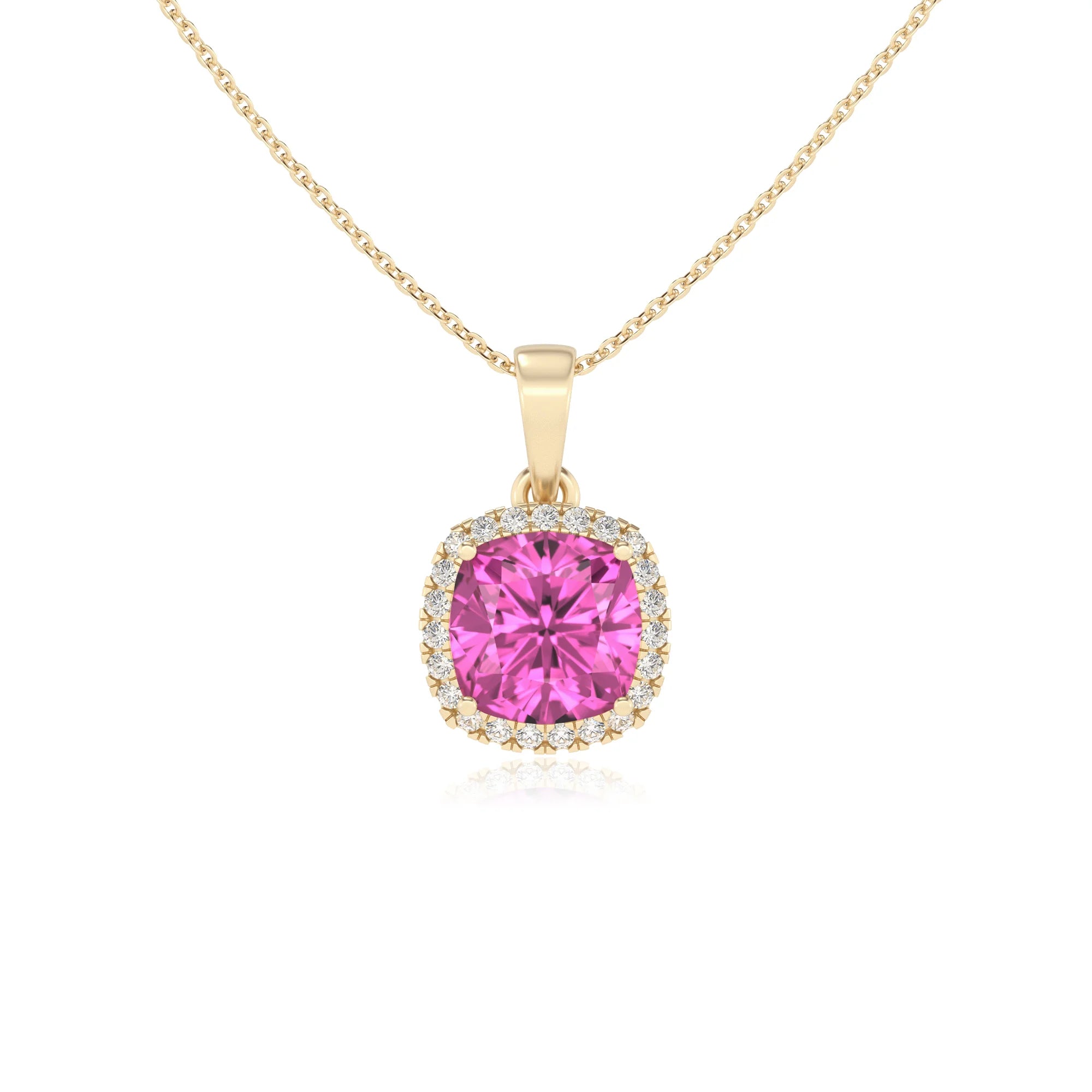 lab grown pink-sapphire cushion solitaire necklaces in yellow gold