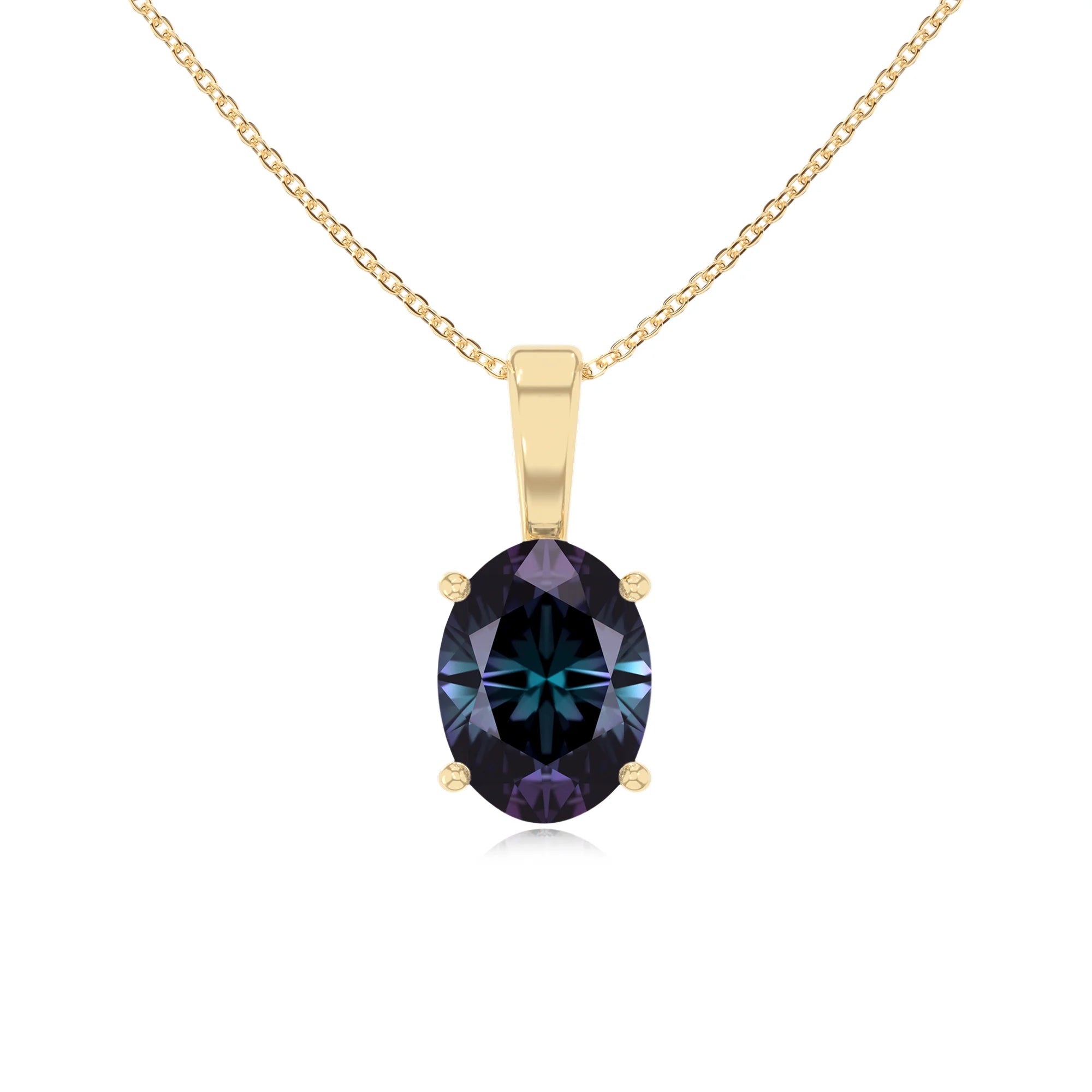 lab grown alexandrite oval solitaire necklaces in yellow gold