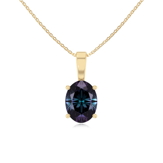 lab grown alexandrite oval solitaire necklaces in yellow gold