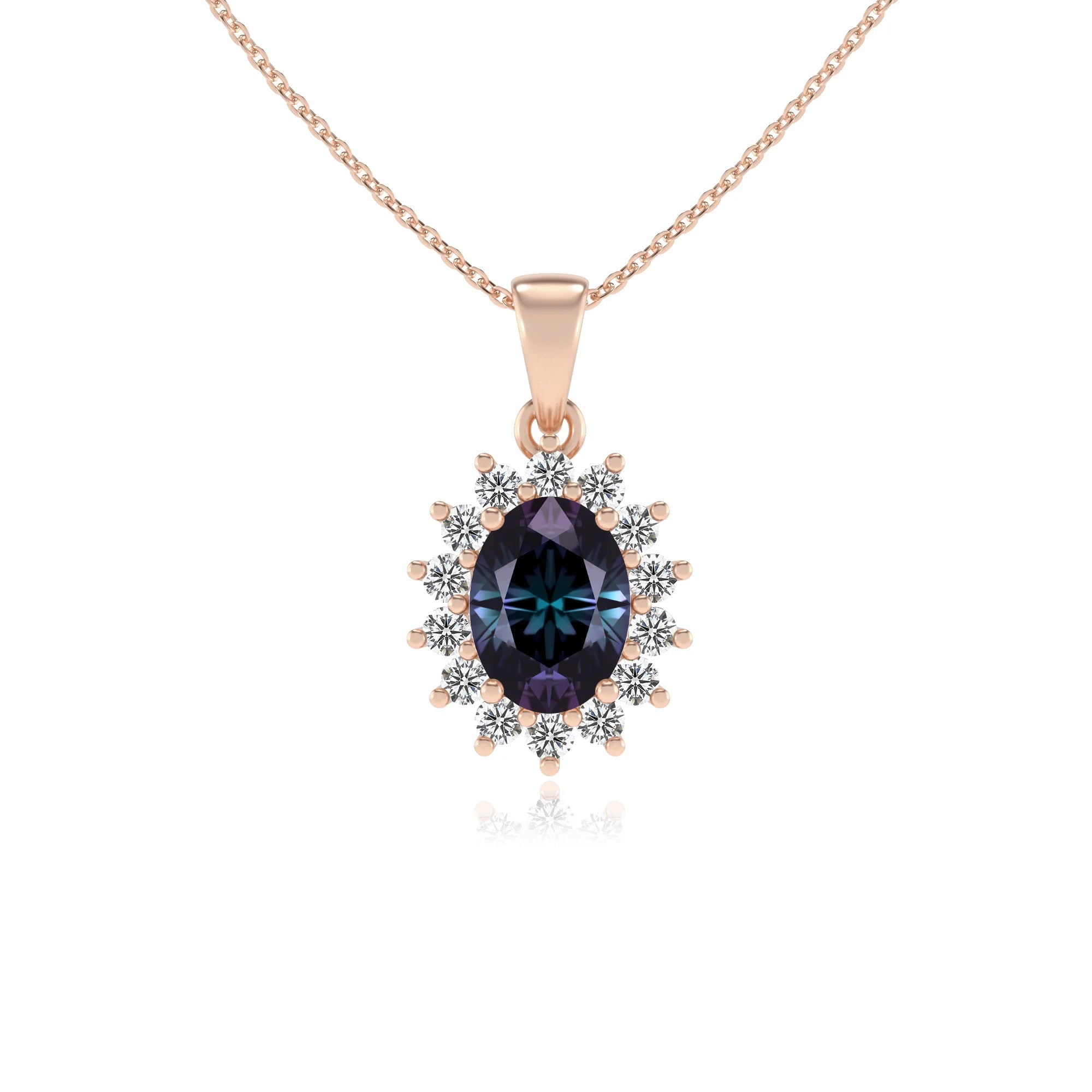 lab grown alexandrite oval halo necklaces in rose gold