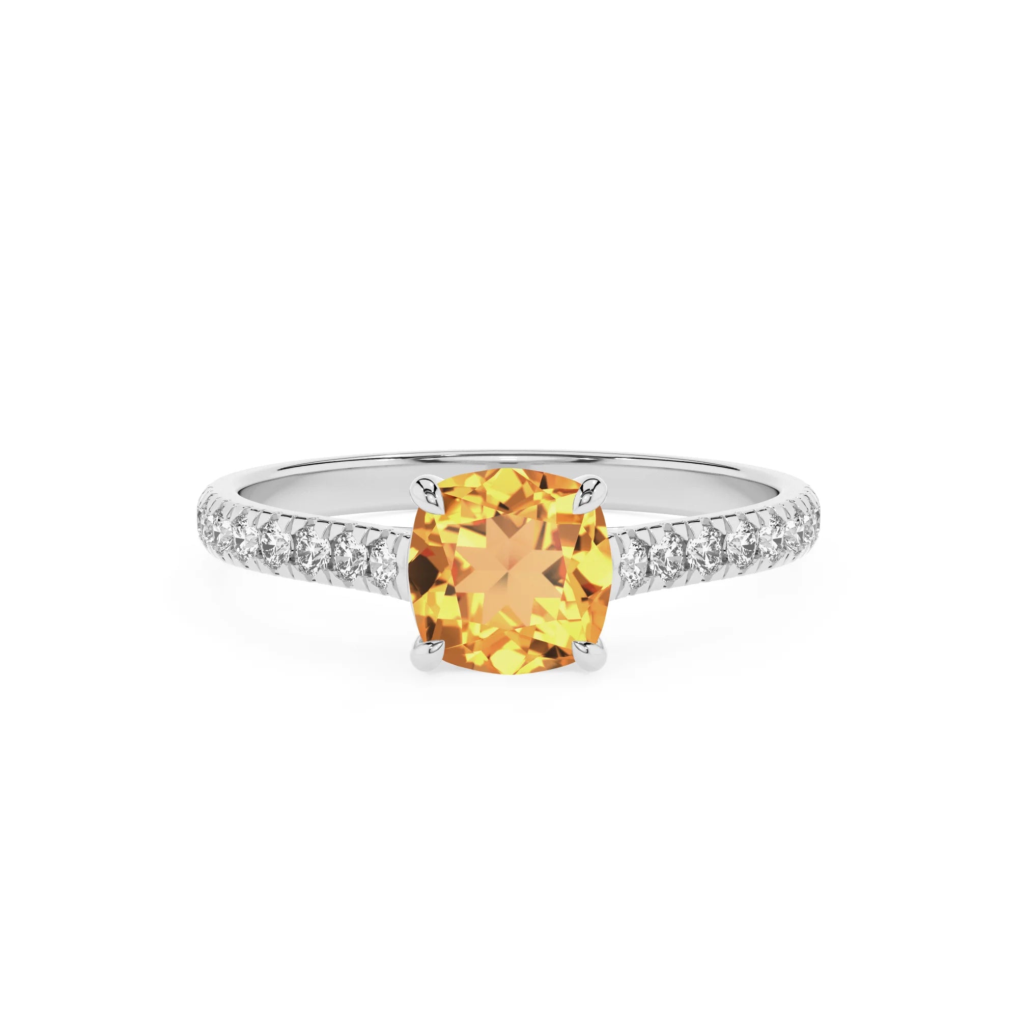 lab grown citrine cushion half eternity solitaire engagement rings in platinum