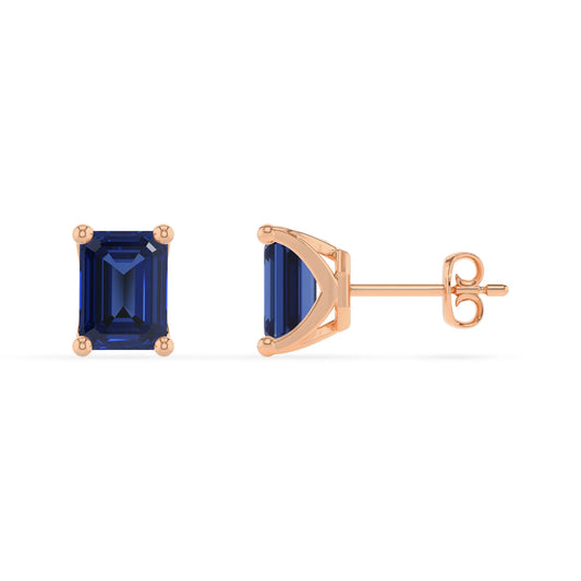 lab grown blue sapphire emerald cut stud earrings in rose gold