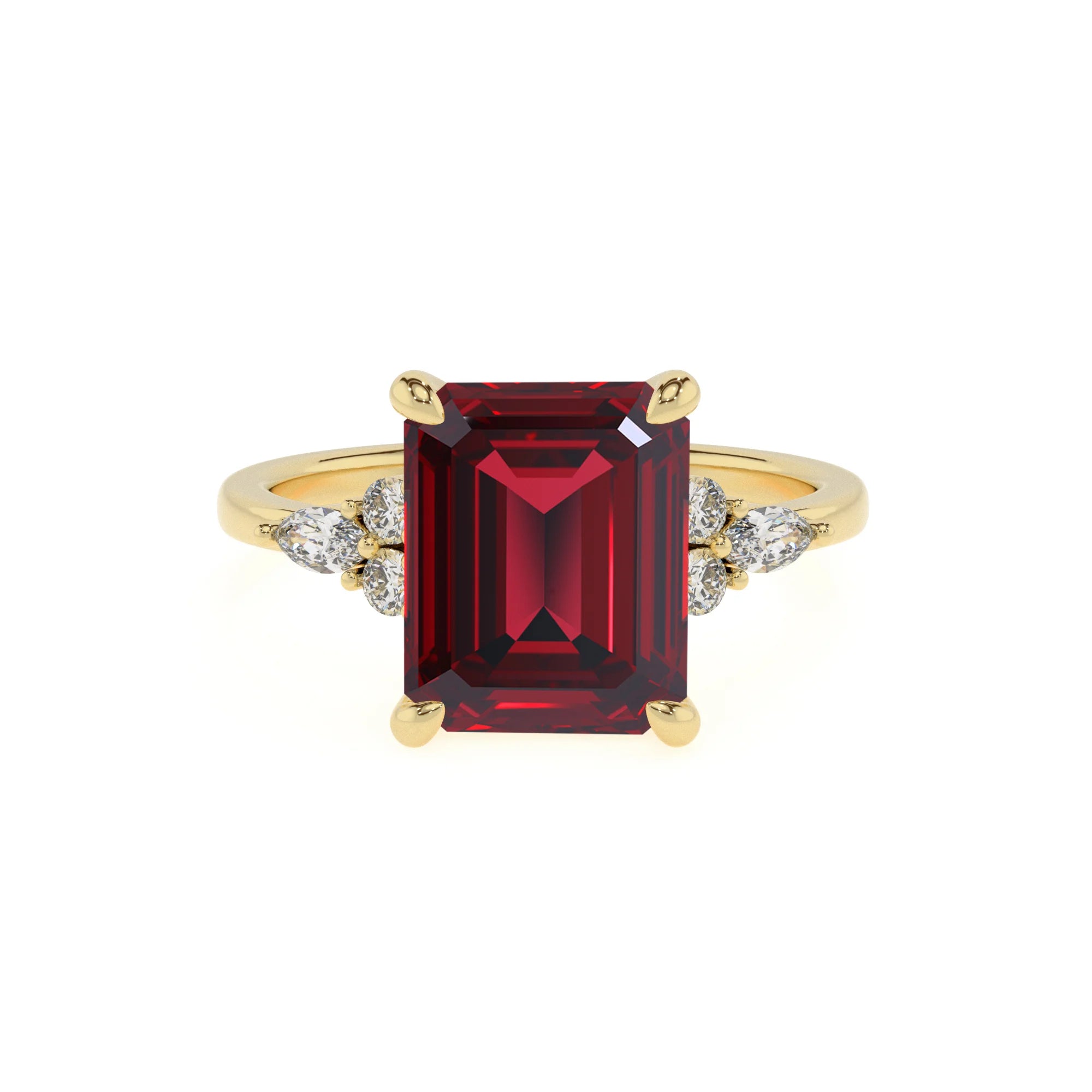 lab grown ruby emerald cut solitaire rings in yellow gold