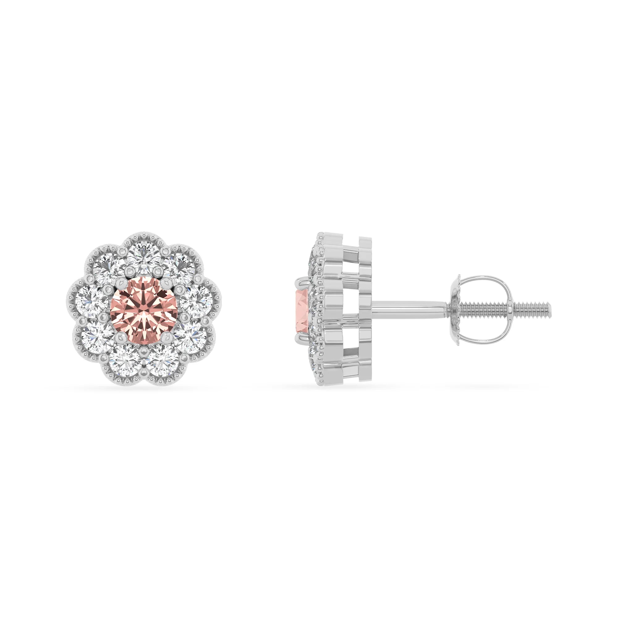 lab grown morganite round stud earrings in platinum