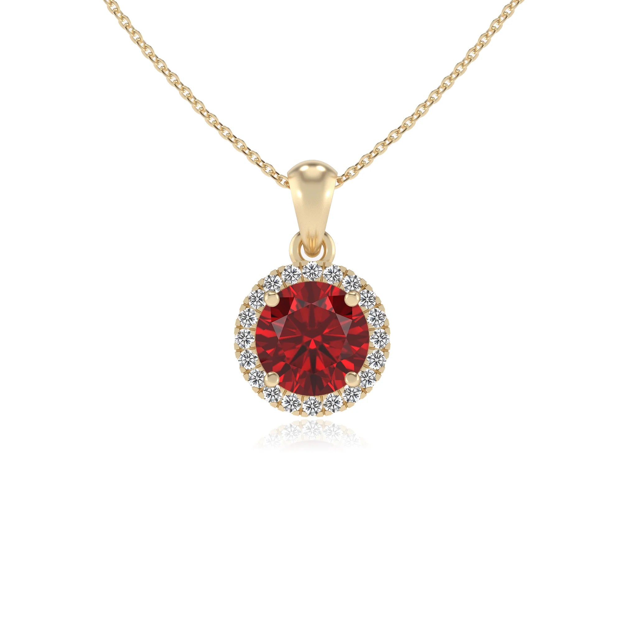 lab grown ruby round solitaire necklaces in yellow gold