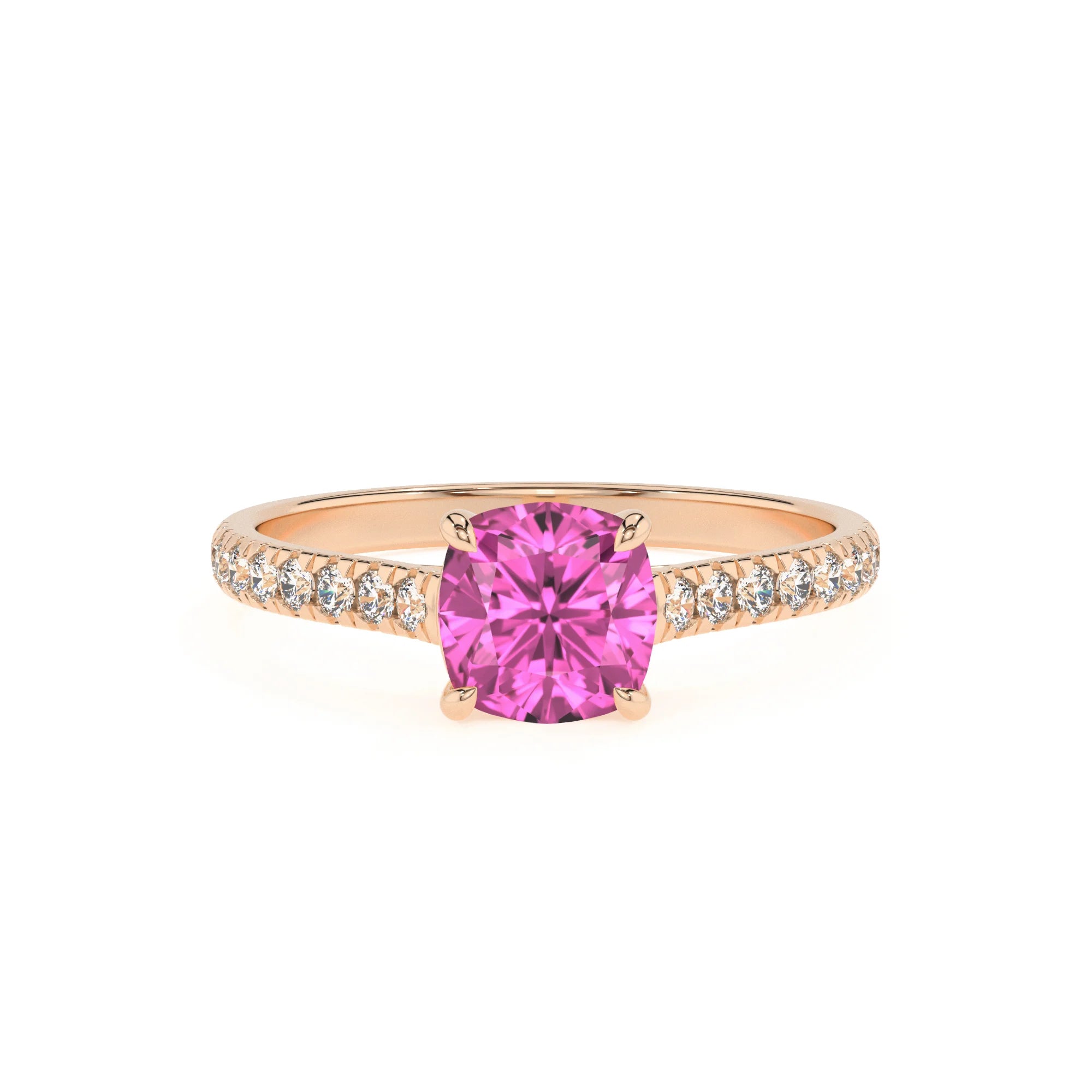 lab grown pink-sapphire cushion half eternity solitaire engagement rings in rose gold
