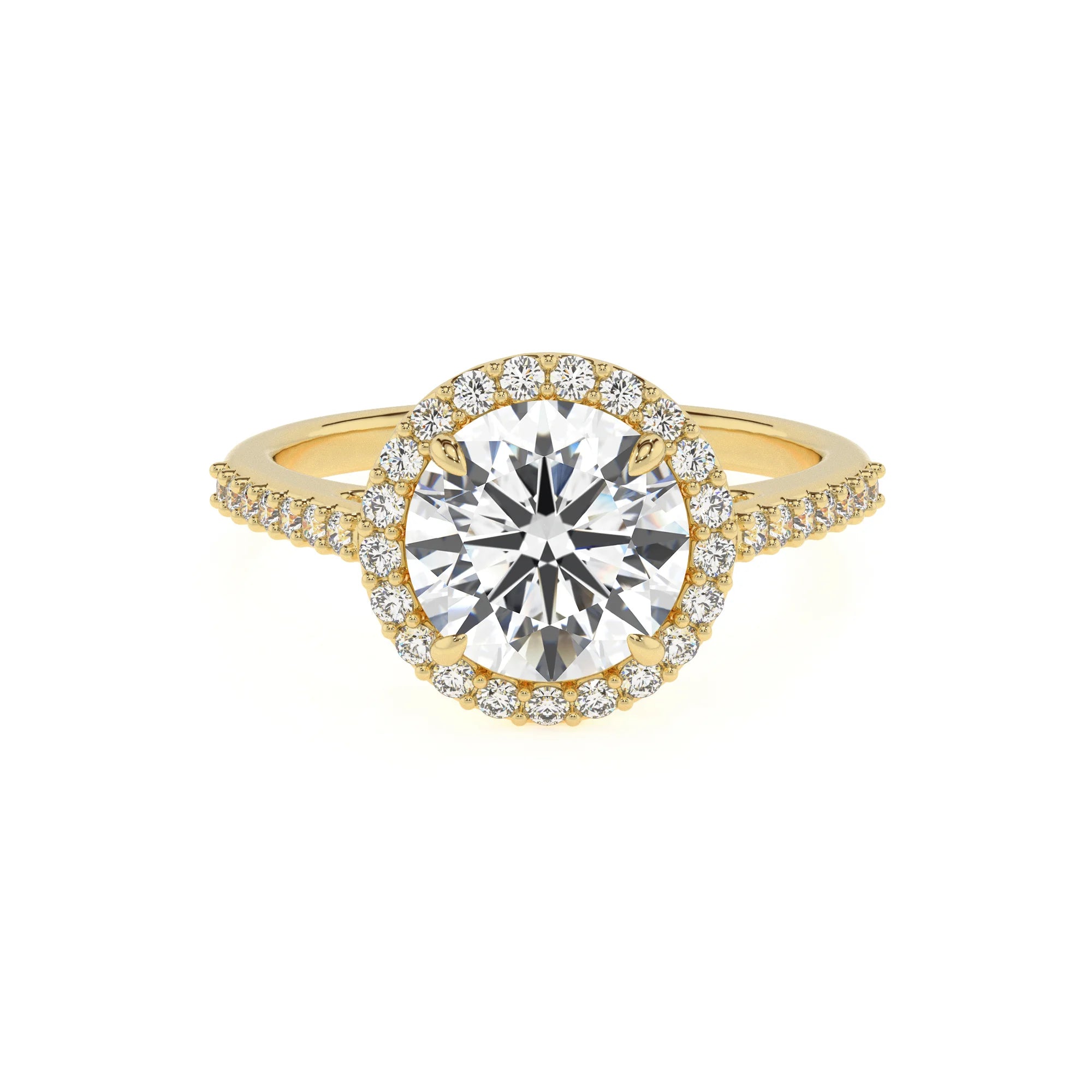 lab grown moissanite round solitaire rings in yellow gold