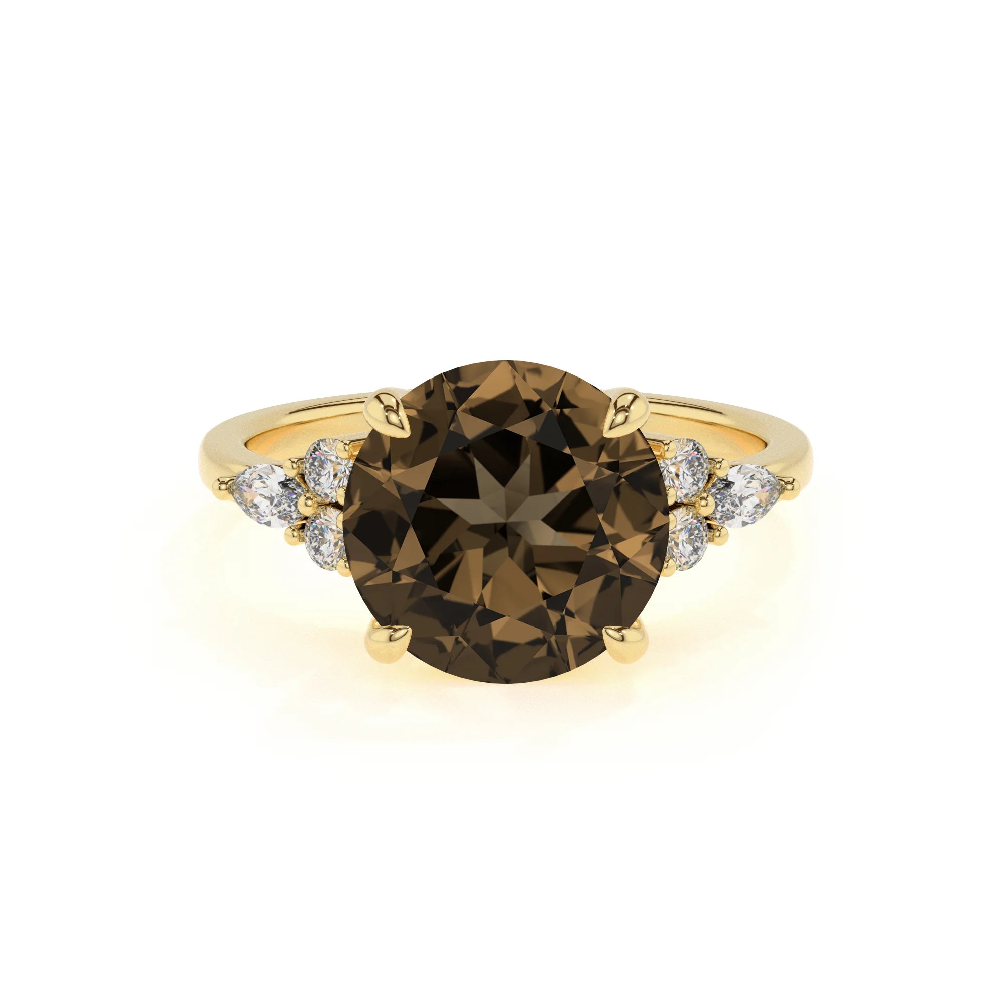 natural smoky-quartz round solitaire rings in yellow gold