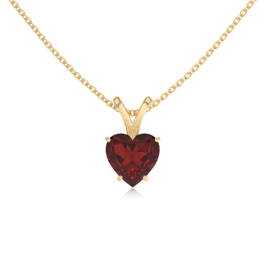 natural garnet heart solitaire v-bale necklaces in yellow gold