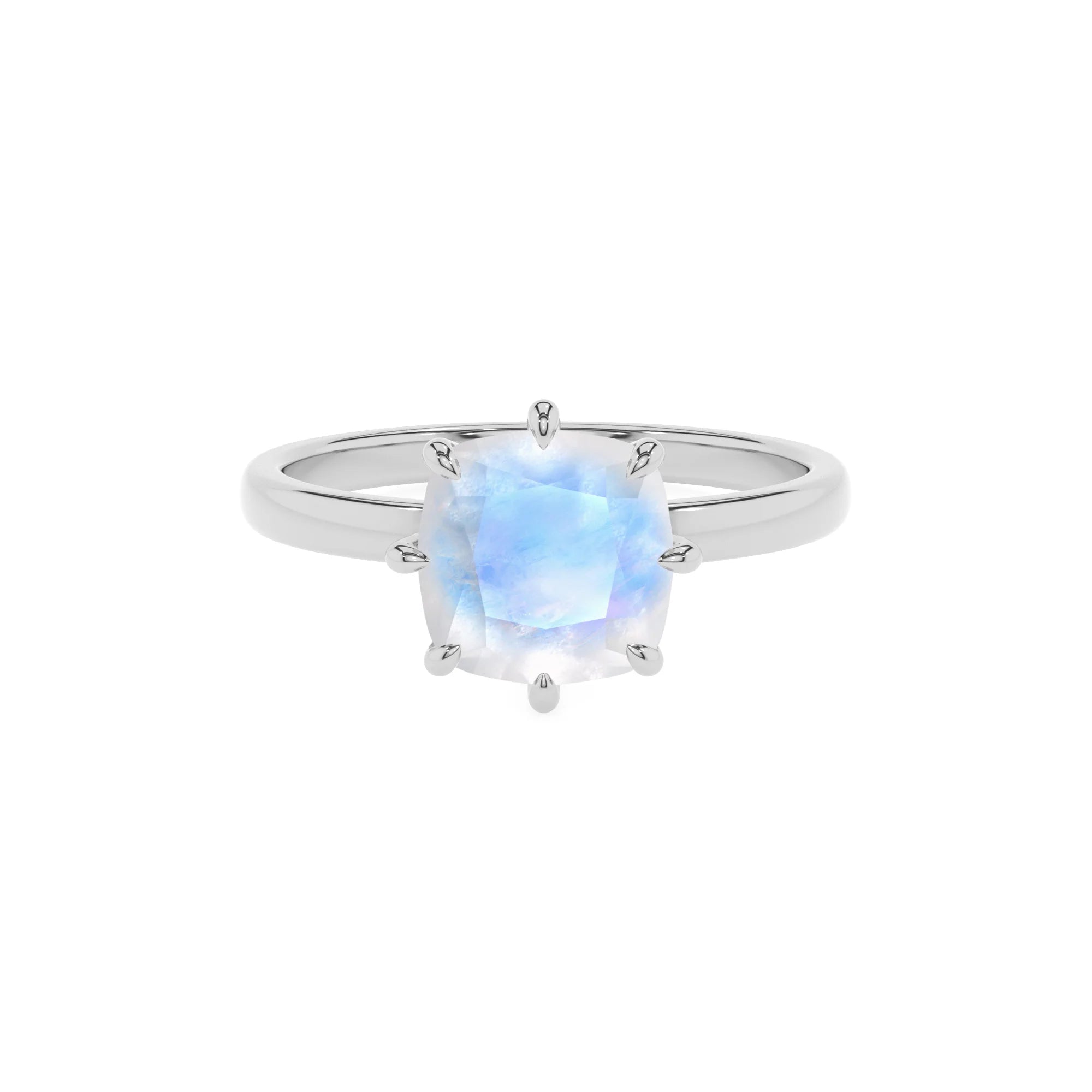 natural rainbow-moonstone cushion solitaire rings in platinum