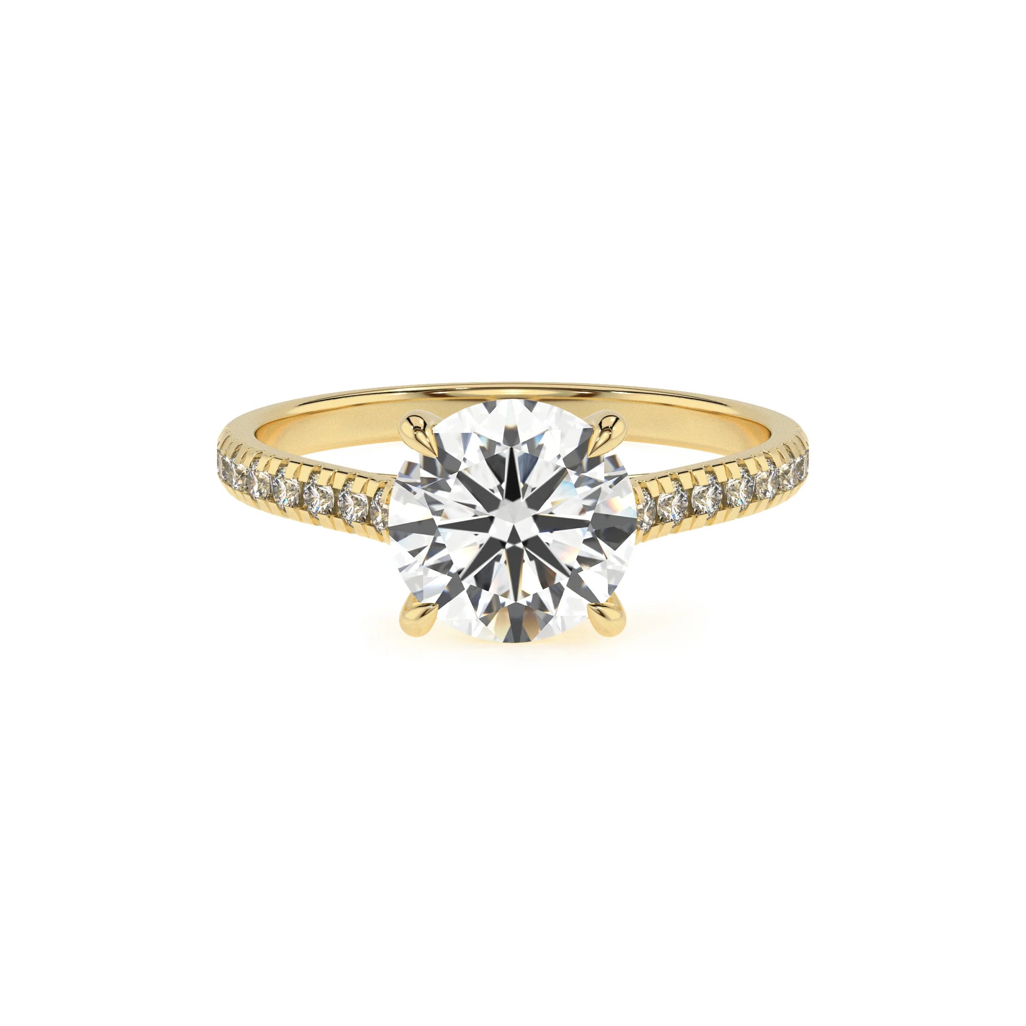 lab grown moissanite round half eternity solitaire engagement rings in yellow gold