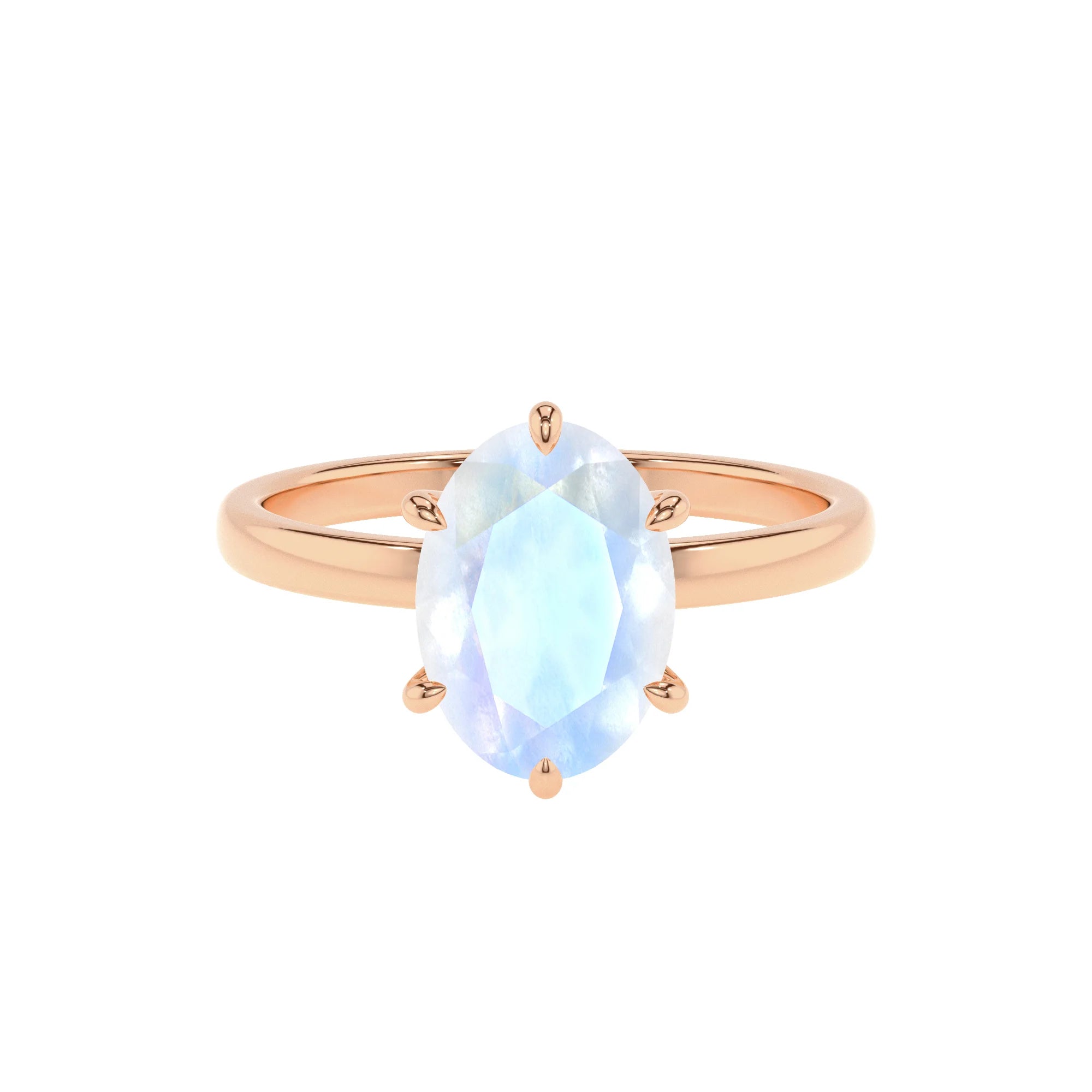 natural rainbow-moonstone oval solitaire rings in rose gold