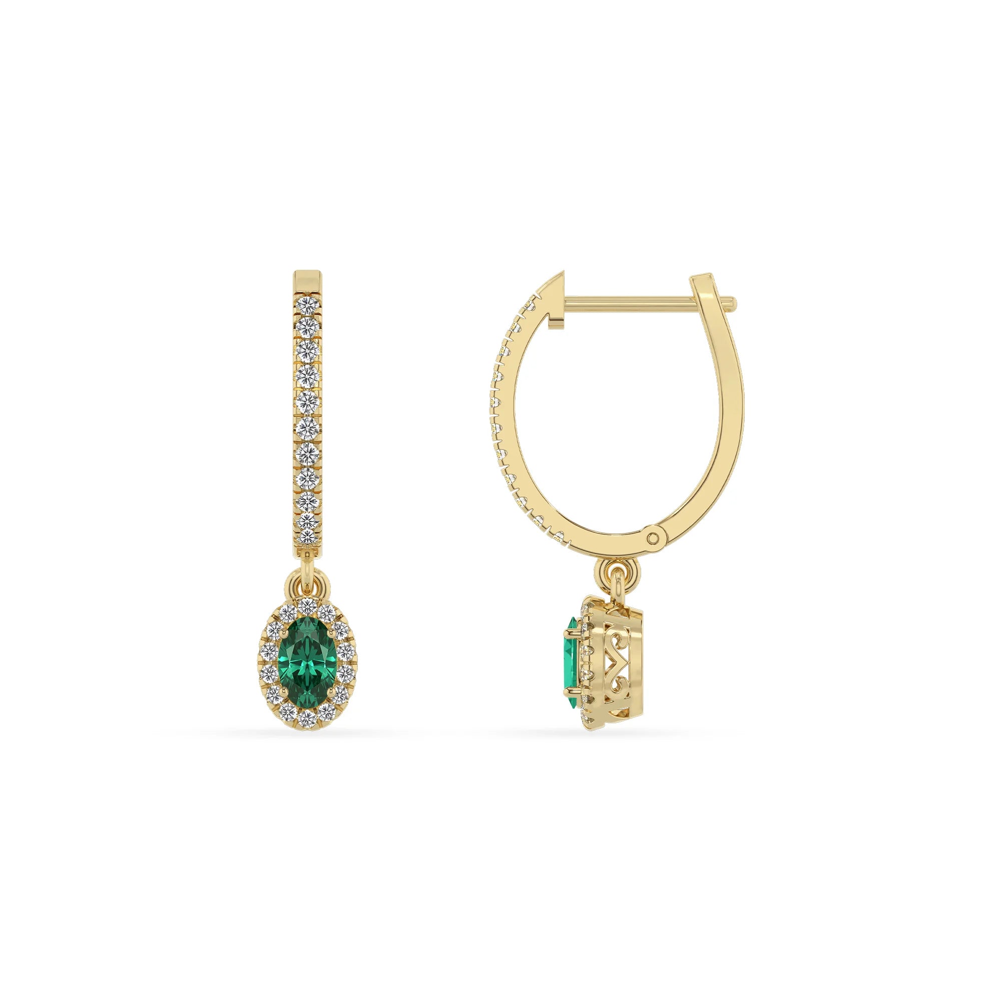 lab grown emerald oval drop earrings in yellow gold