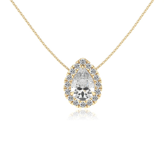 lab grown moissanite pear solitaire necklaces in yellow gold