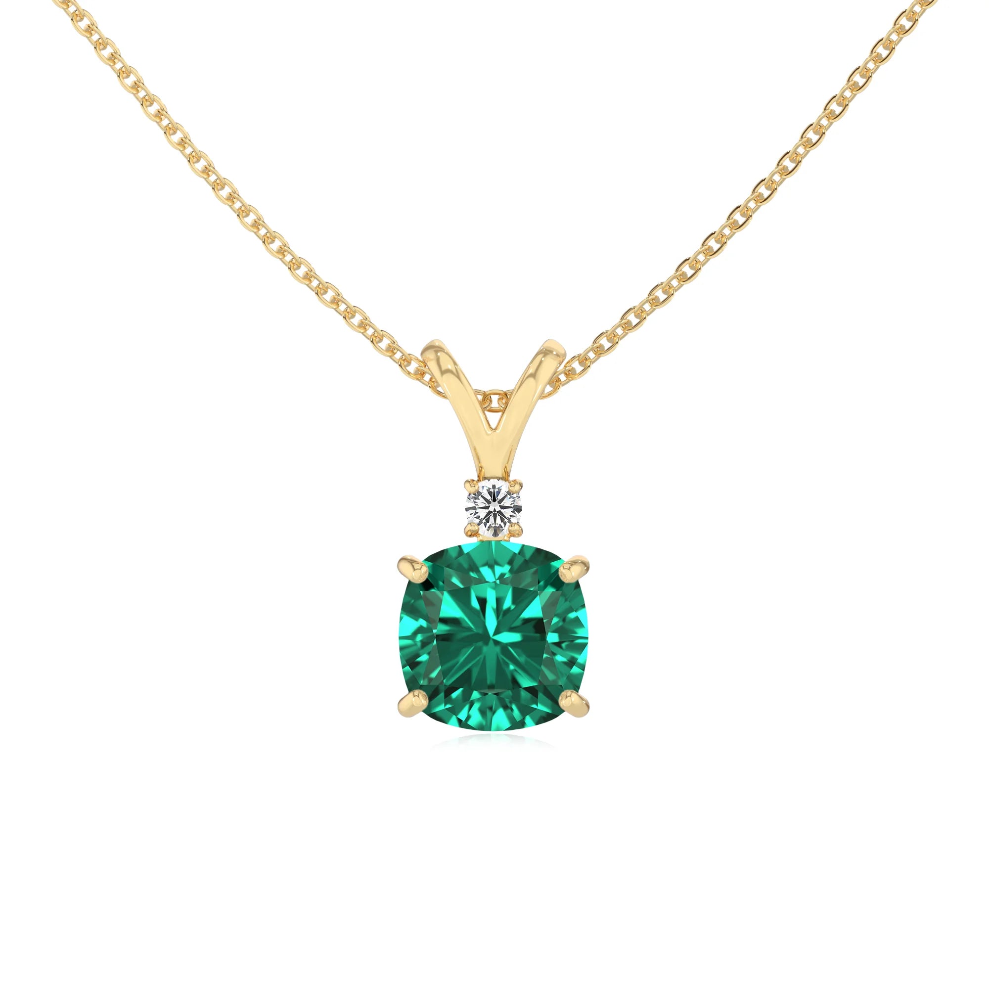 lab grown emerald cushion solitaire v-bale necklaces in yellow gold