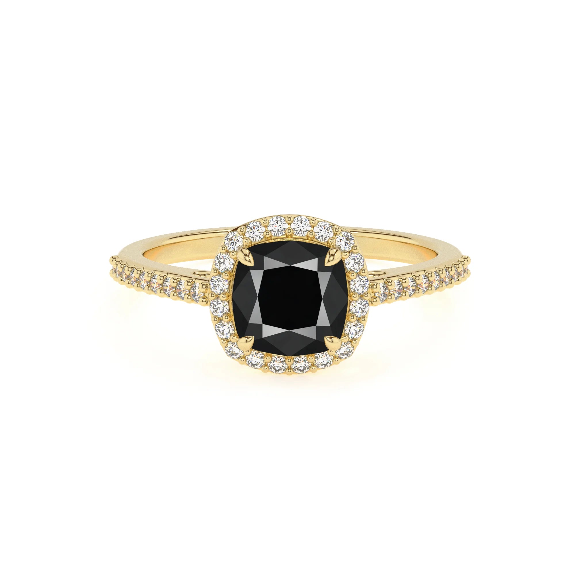 natural black-onyx cushion solitaire rings in yellow gold