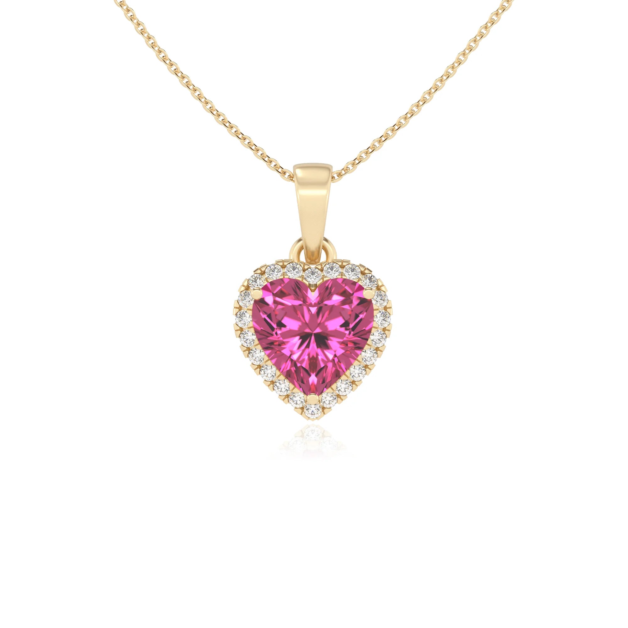 lab grown pink-sapphire heart solitaire necklaces in yellow gold