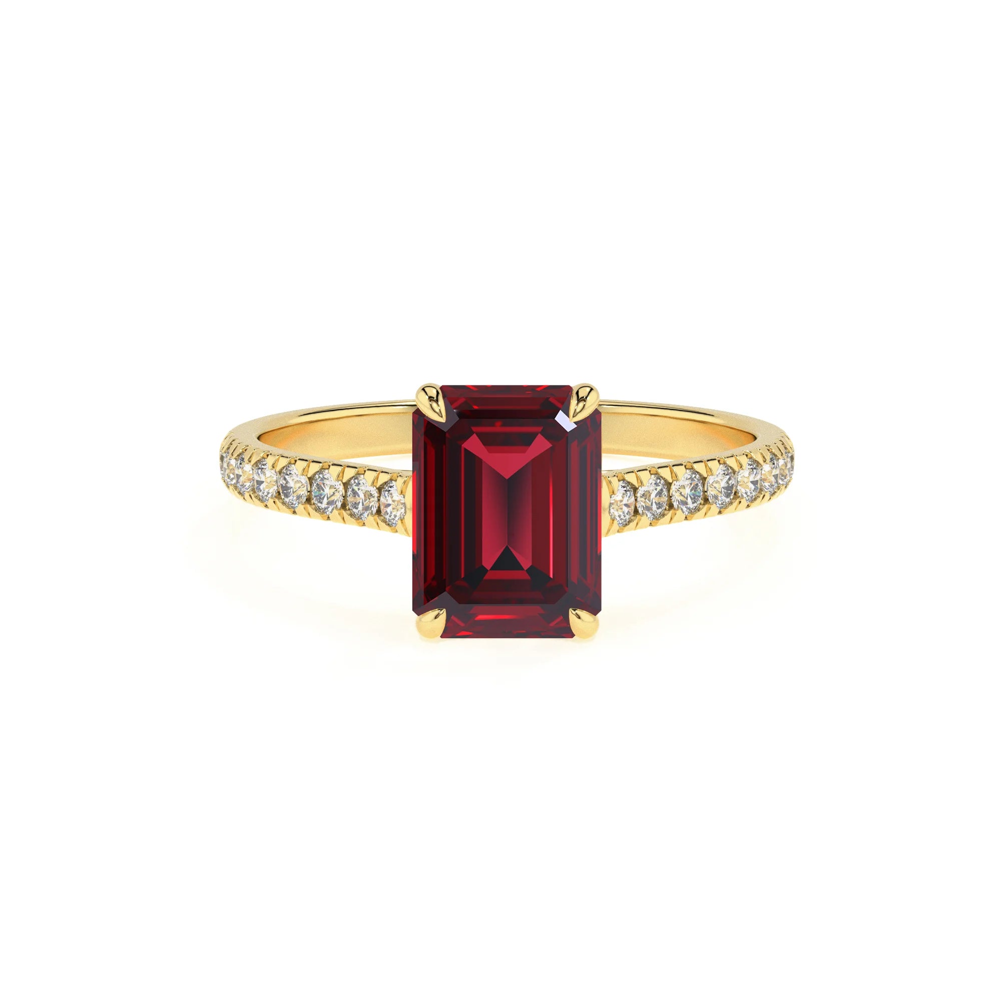 lab grown ruby emerald cut half eternity solitaire engagement rings in yellow gold
