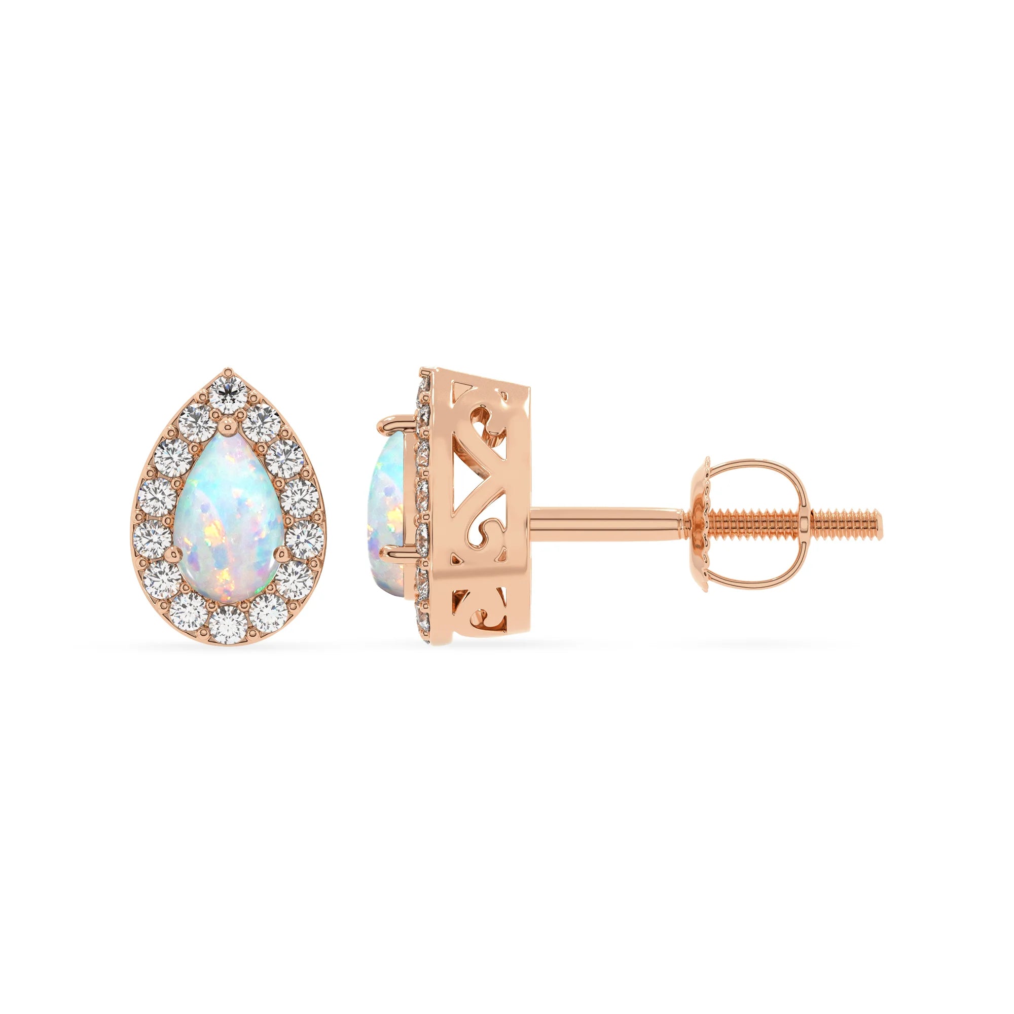 lab grown opal pear stud earrings in rose gold