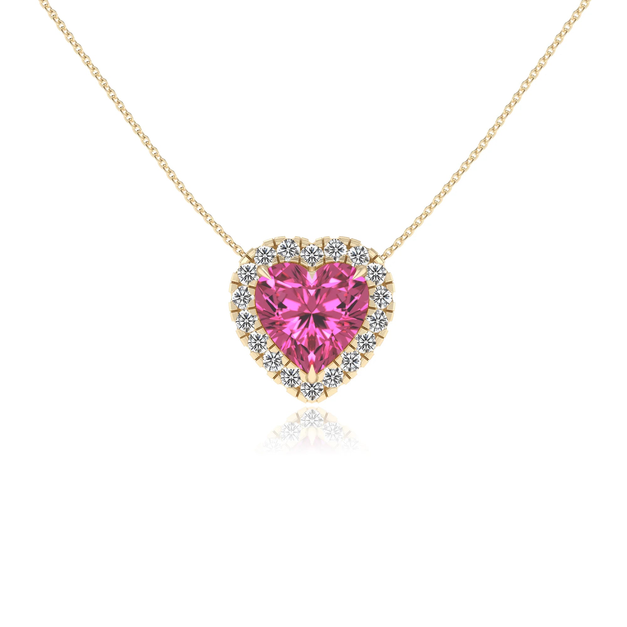 lab grown pink sapphire heart solitaire necklaces in yellow gold