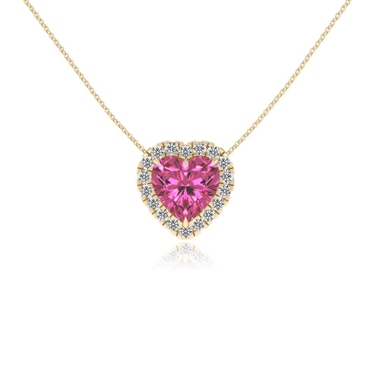 lab grown pink sapphire heart solitaire necklaces in yellow gold